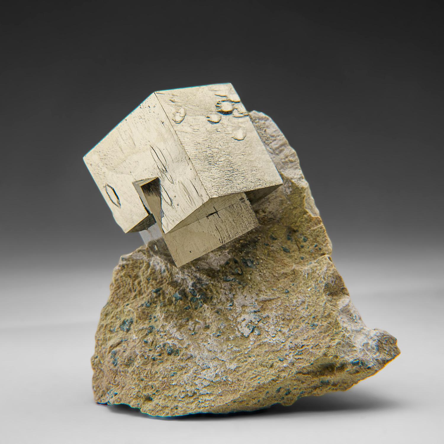 Pyrite Cube on Basalt from Navajún, La Rioja Province, Spain (440 grams) In Excellent Condition For Sale In New York, NY