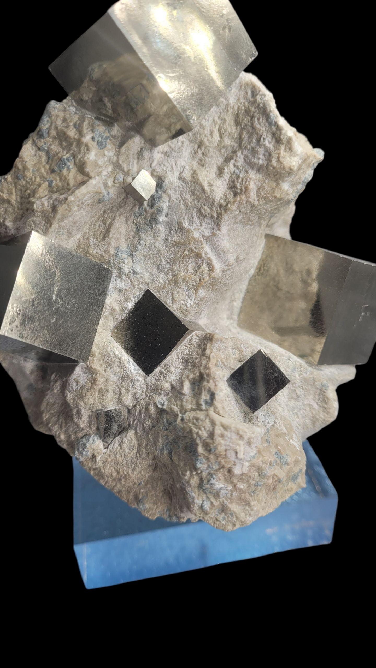 Contemporary Pyrite cubes on matrix, sharp, mirror like luster. From Spain, Navajun. For Sale
