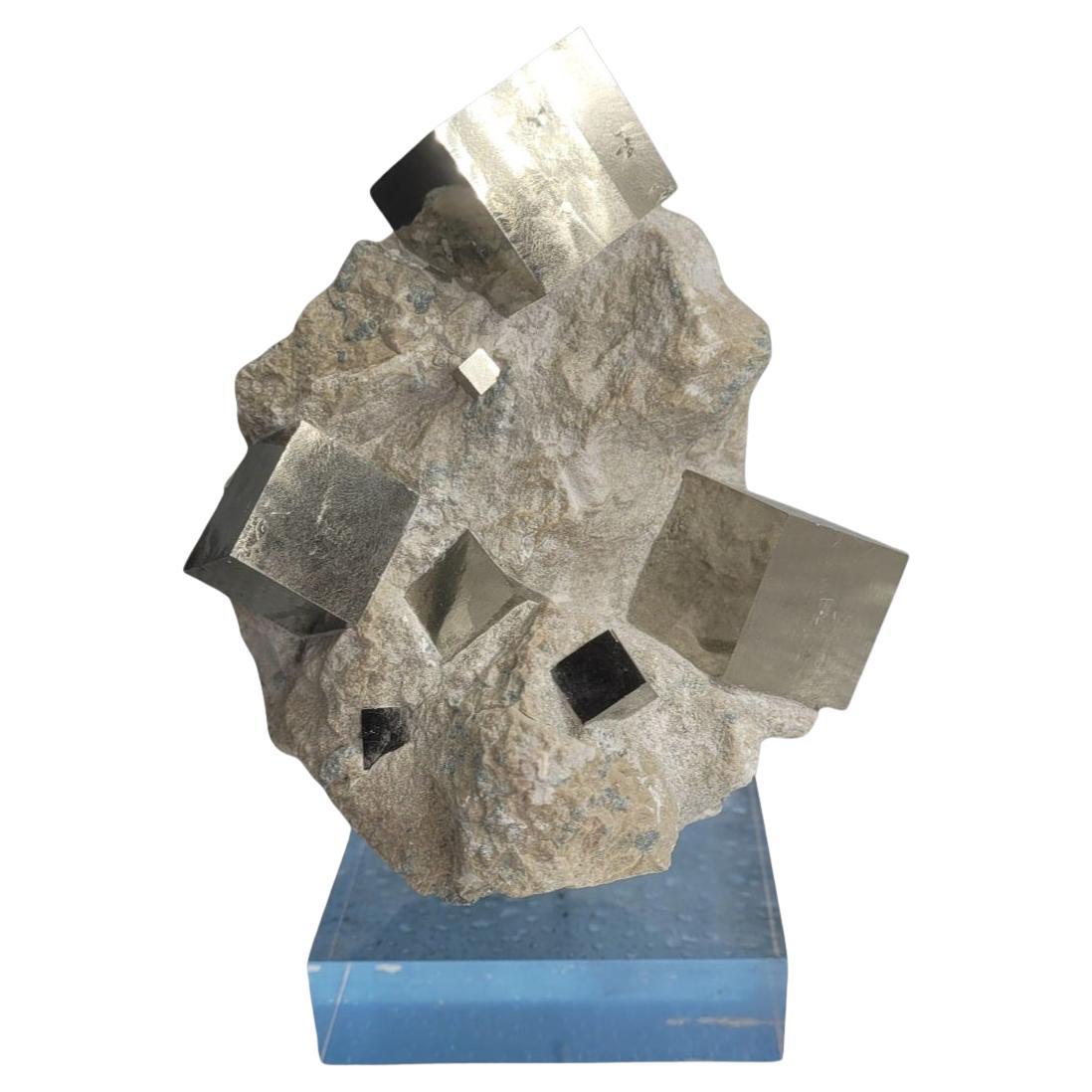 Pyrite cubes on matrix, sharp, mirror like luster. From Spain, Navajun. For Sale