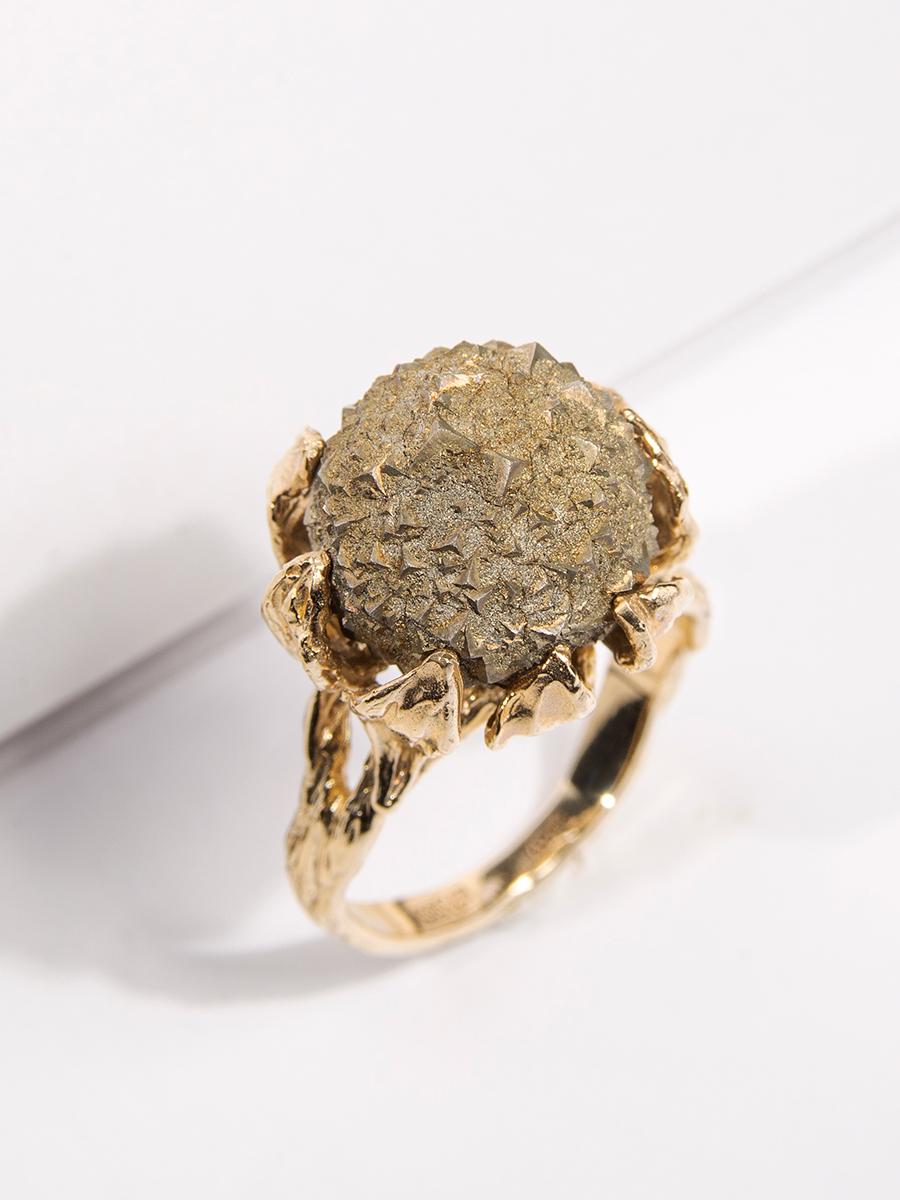 Pyrite Flower Gold Ring One of a kind Raw Stone Art Nouveau style Flower Petals For Sale 9