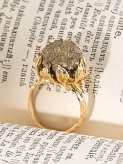 Pyrite Flower Gold Ring One of a kind Raw Stone Art Nouveau style Flower Petals