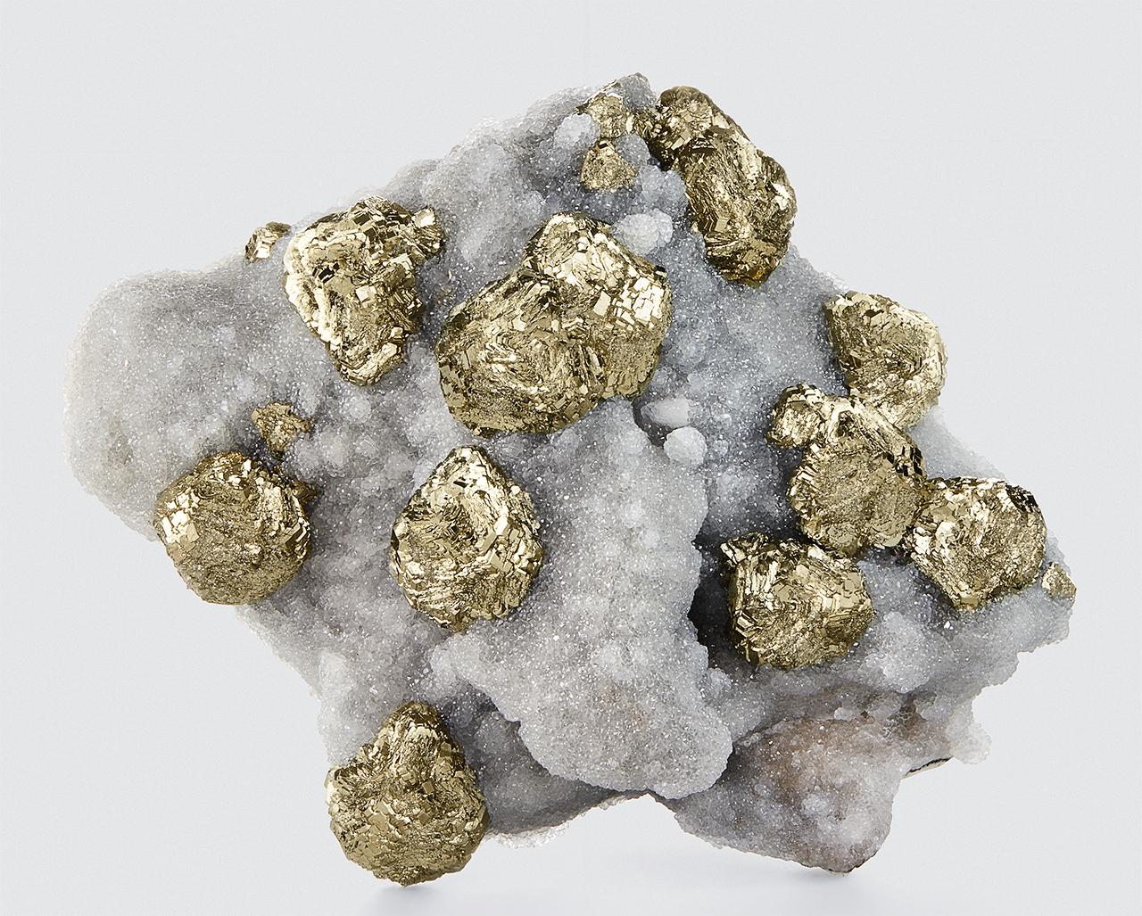 Pyrite on Quartz, Fengjiashan Mine, Edong Mining Dist., Daye Co., Huangshi Pref., Hubei Prov., China
Measures: 16 cm tall x 18 cm wide.