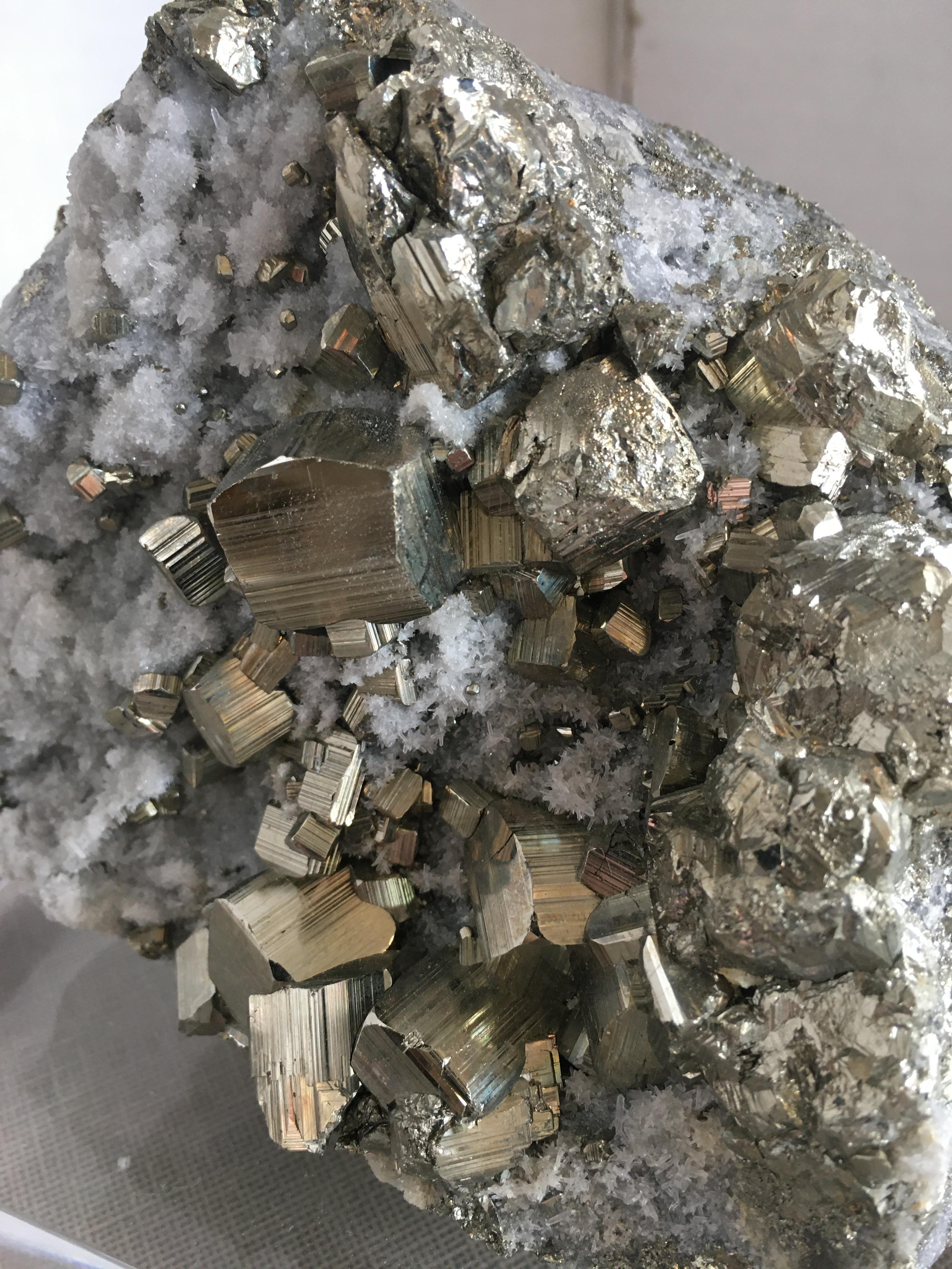 Brazilian Pyrite with Quartz Crystals on a Lucite Base