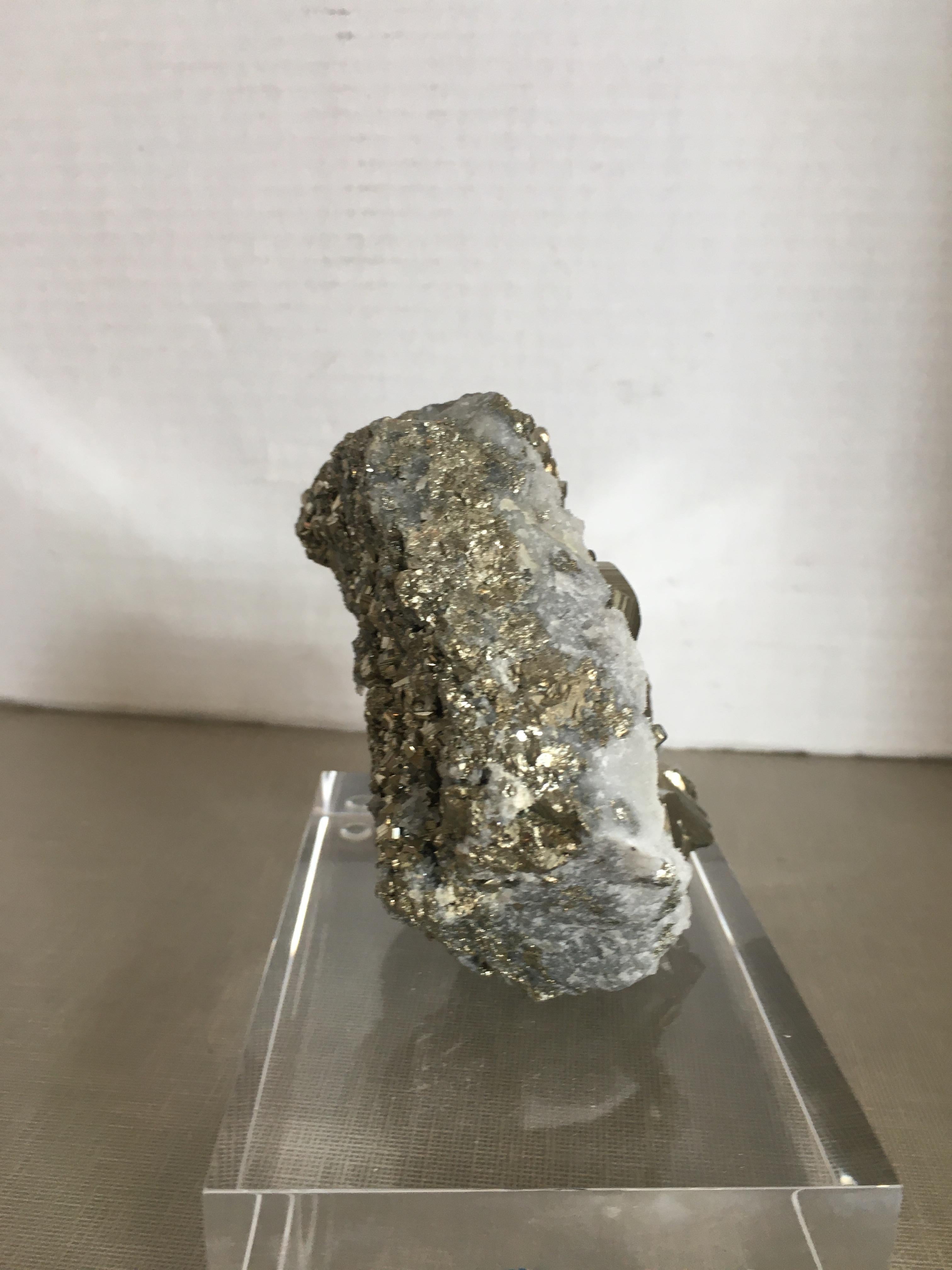 Pyrite with Quartz Crystals on a Lucite Base In Good Condition In Chicago, IL