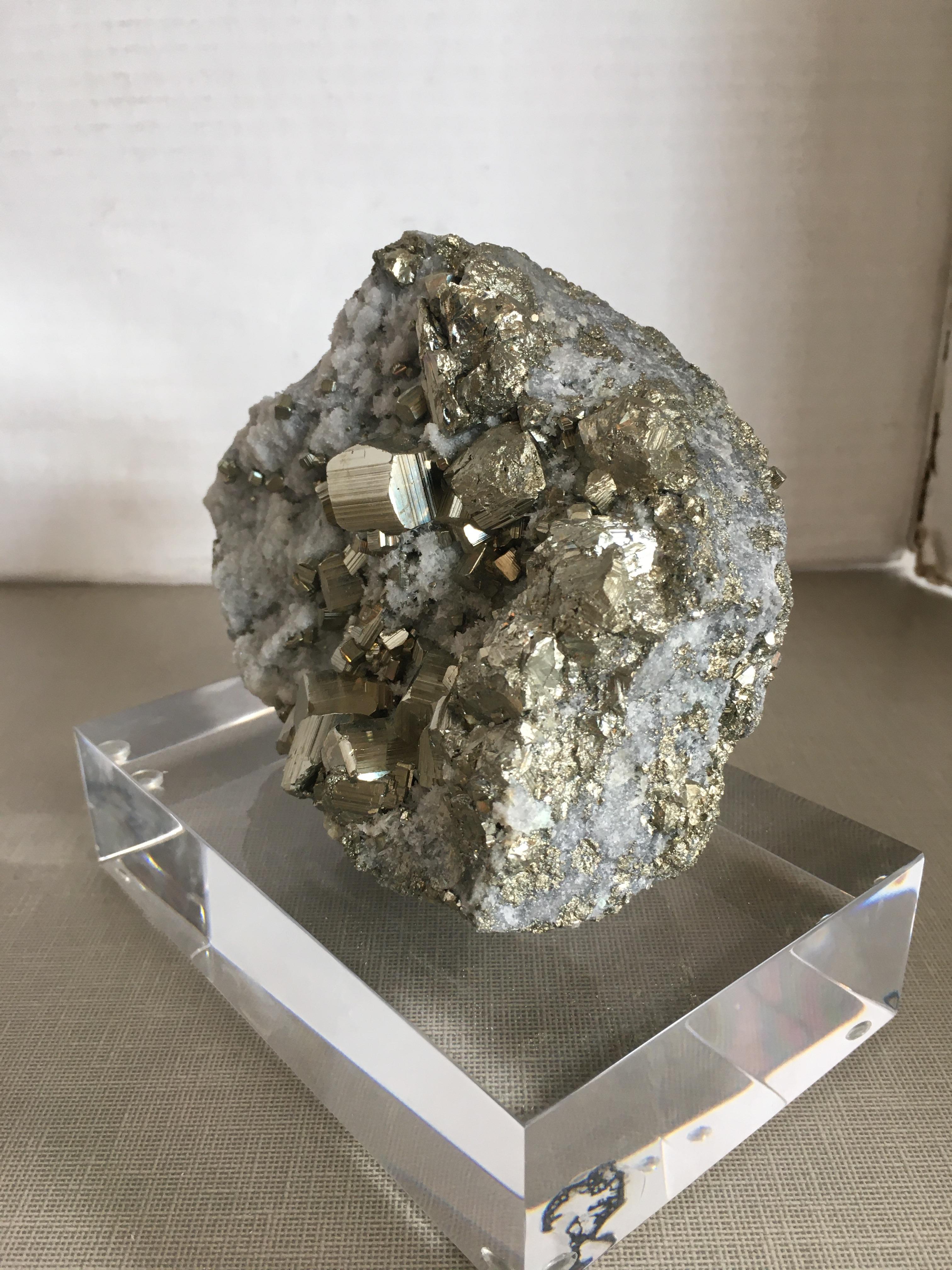 Pyrite with Quartz Crystals on a Lucite Base 1