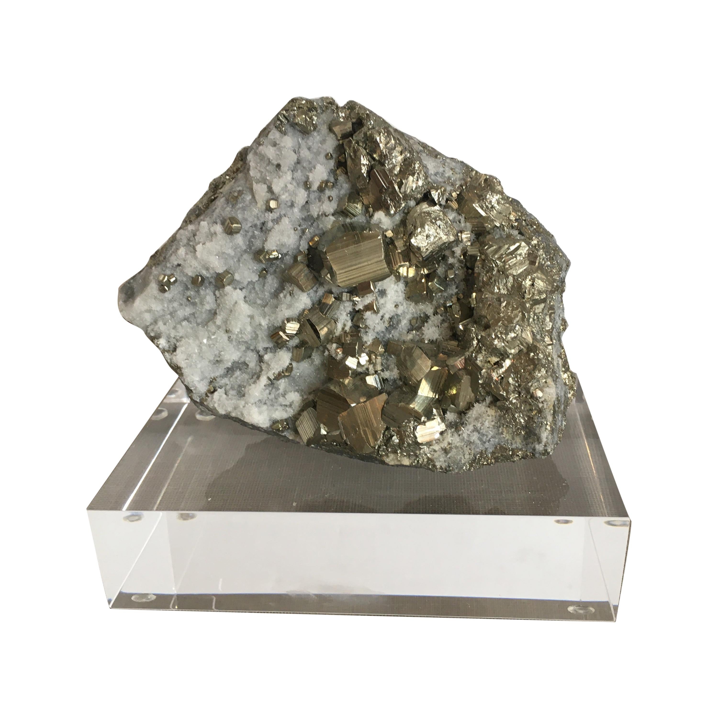 Pyrite with Quartz Crystals on a Lucite Base