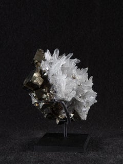 Pyrite with rock crystal on metal base