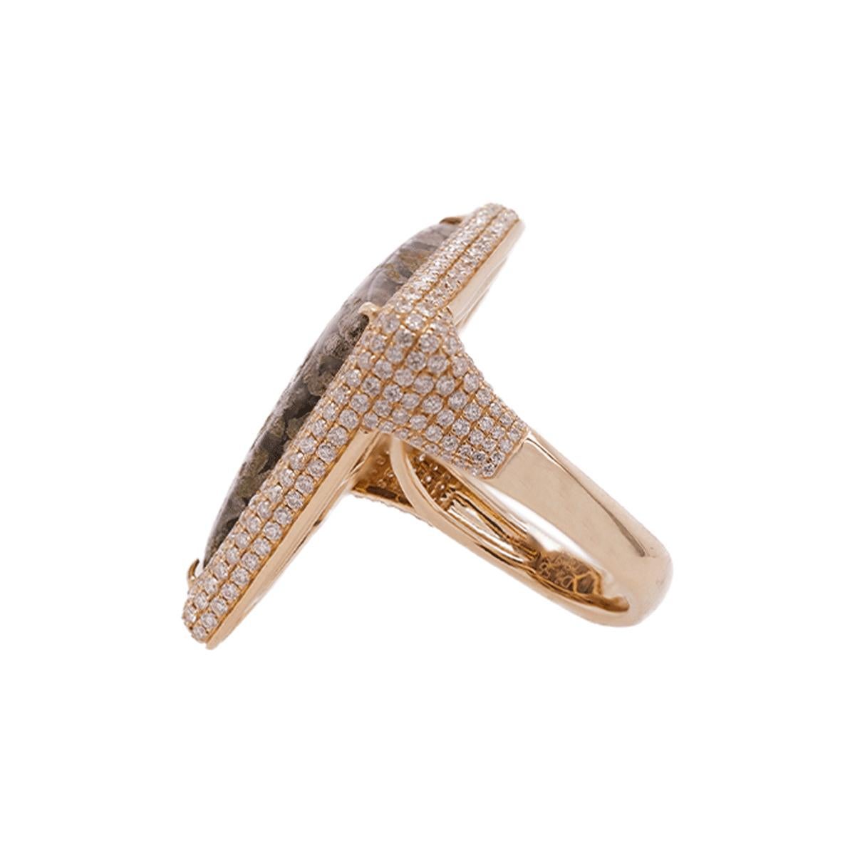 Handcrafted in 14k solid yellow gold, Porter Lyons' one of a kind ring features a kite shaped pyritized dinosaur bone, encrusted with over 300 pavé diamonds. 

30mm x 18mm (Approx.)

7.9GMS Solid 14K Yellow Gold, 3GMS Dinosaur Bone and 1.55CT