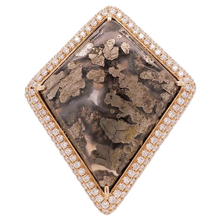 Pyritized Dinosaur Bone Ring 7.9gms Solid 14k Yellow Gold 1.55ct Pavé Diamonds