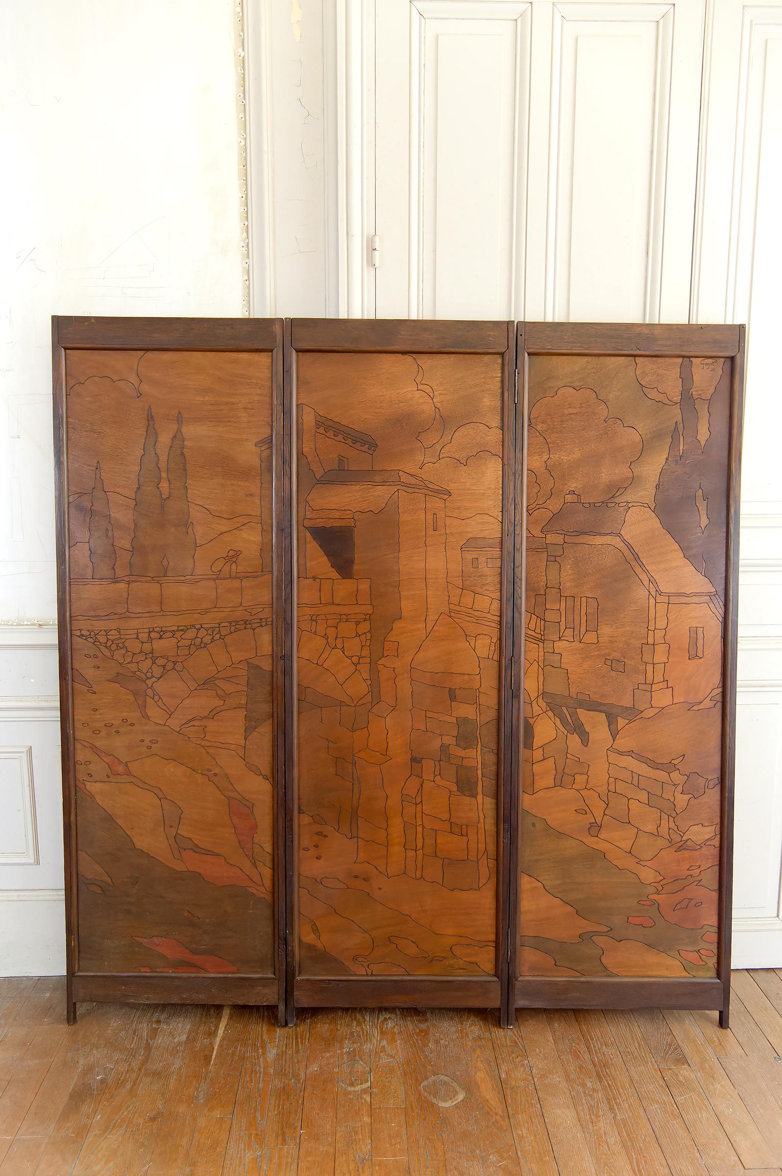 Écran pyrogravé - Paysage urbain méditerranéen médiéval, Art Nouveau / Art Déco en vente 4