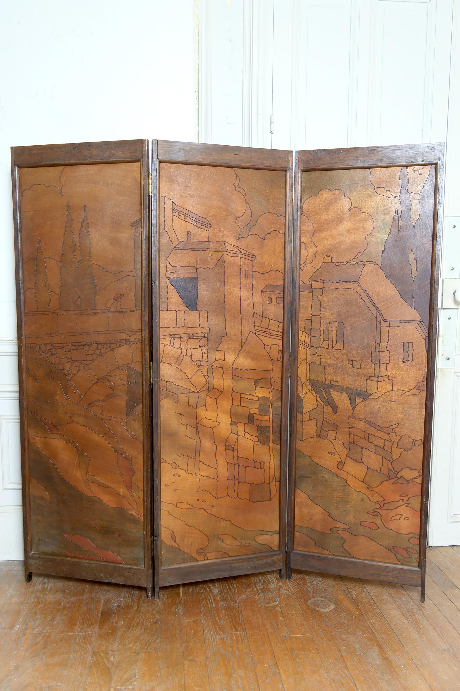 Écran pyrogravé - Paysage urbain méditerranéen médiéval, Art Nouveau / Art Déco en vente 5