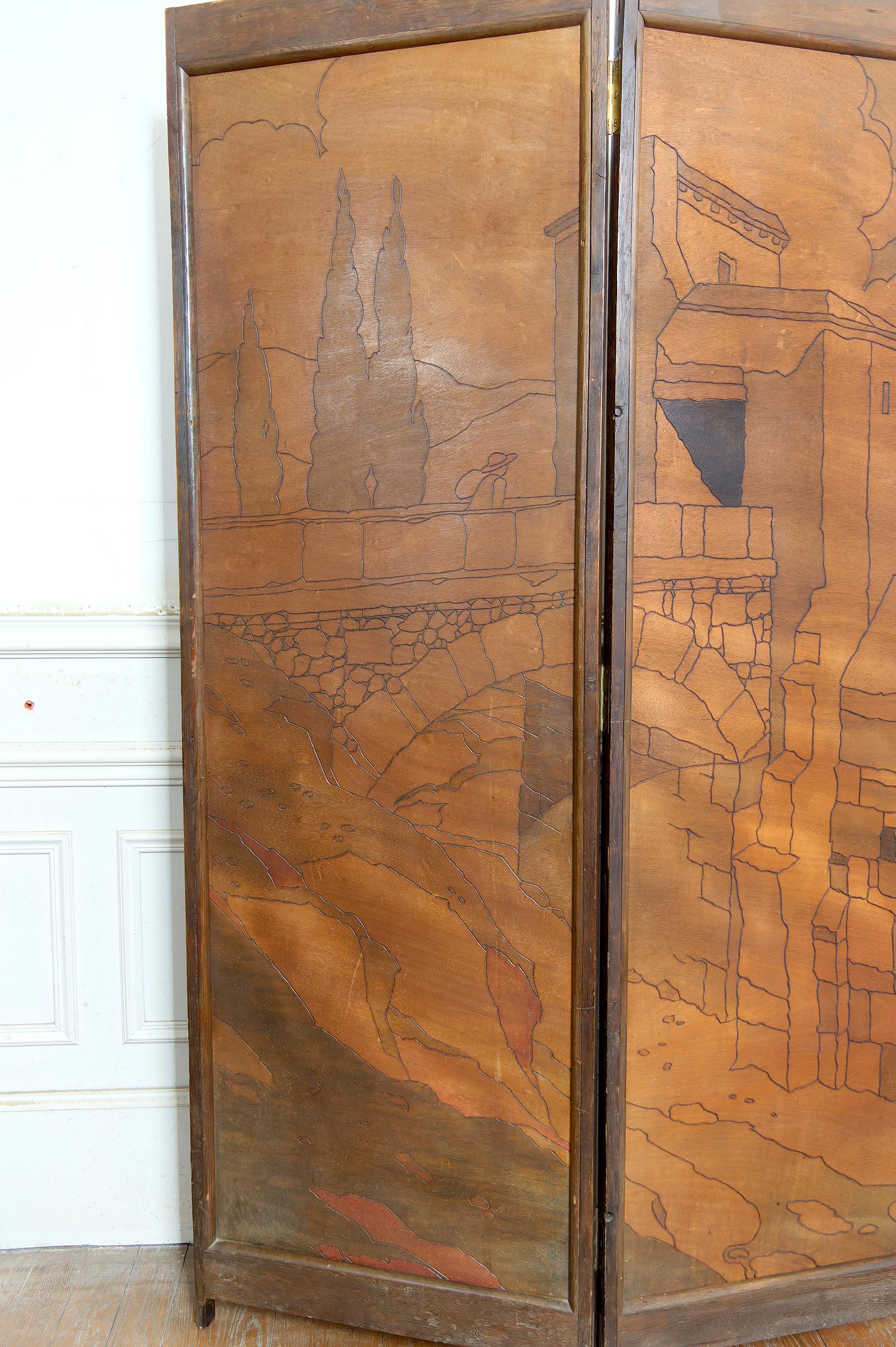 Écran pyrogravé - Paysage urbain méditerranéen médiéval, Art Nouveau / Art Déco en vente 6