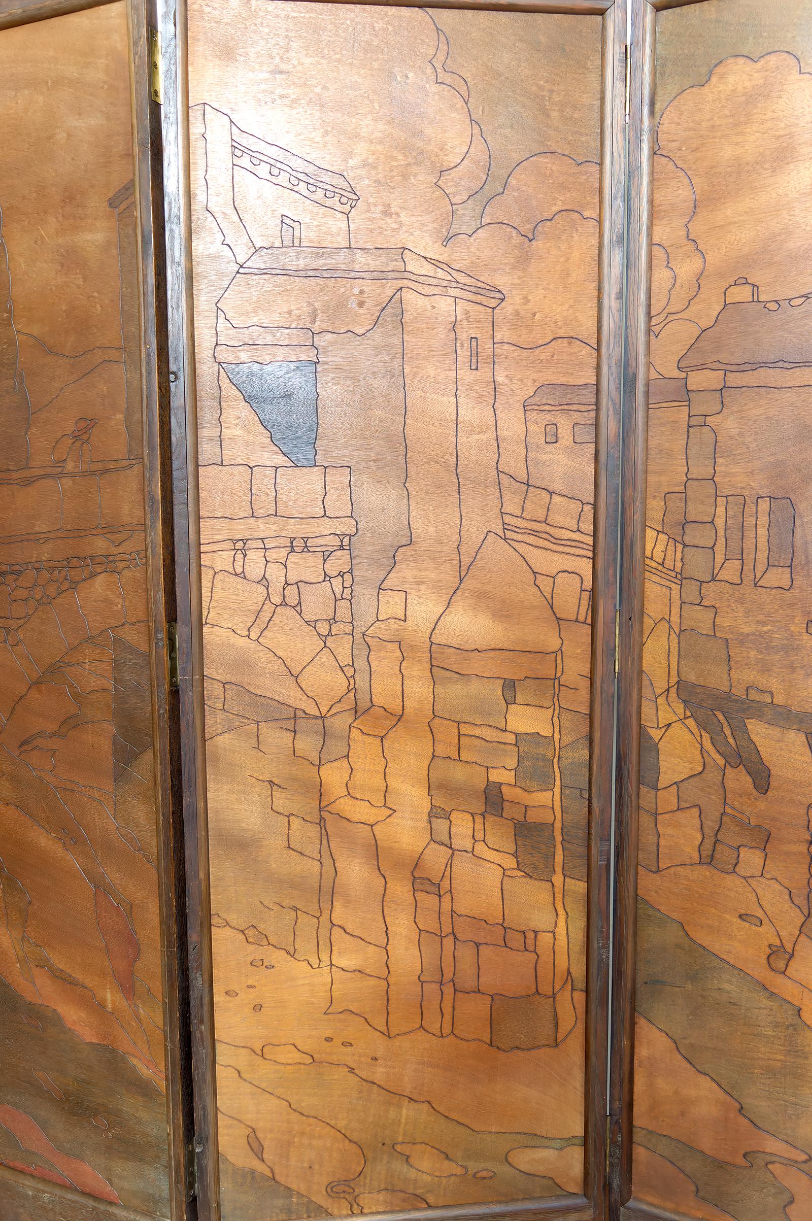Écran pyrogravé - Paysage urbain méditerranéen médiéval, Art Nouveau / Art Déco en vente 7
