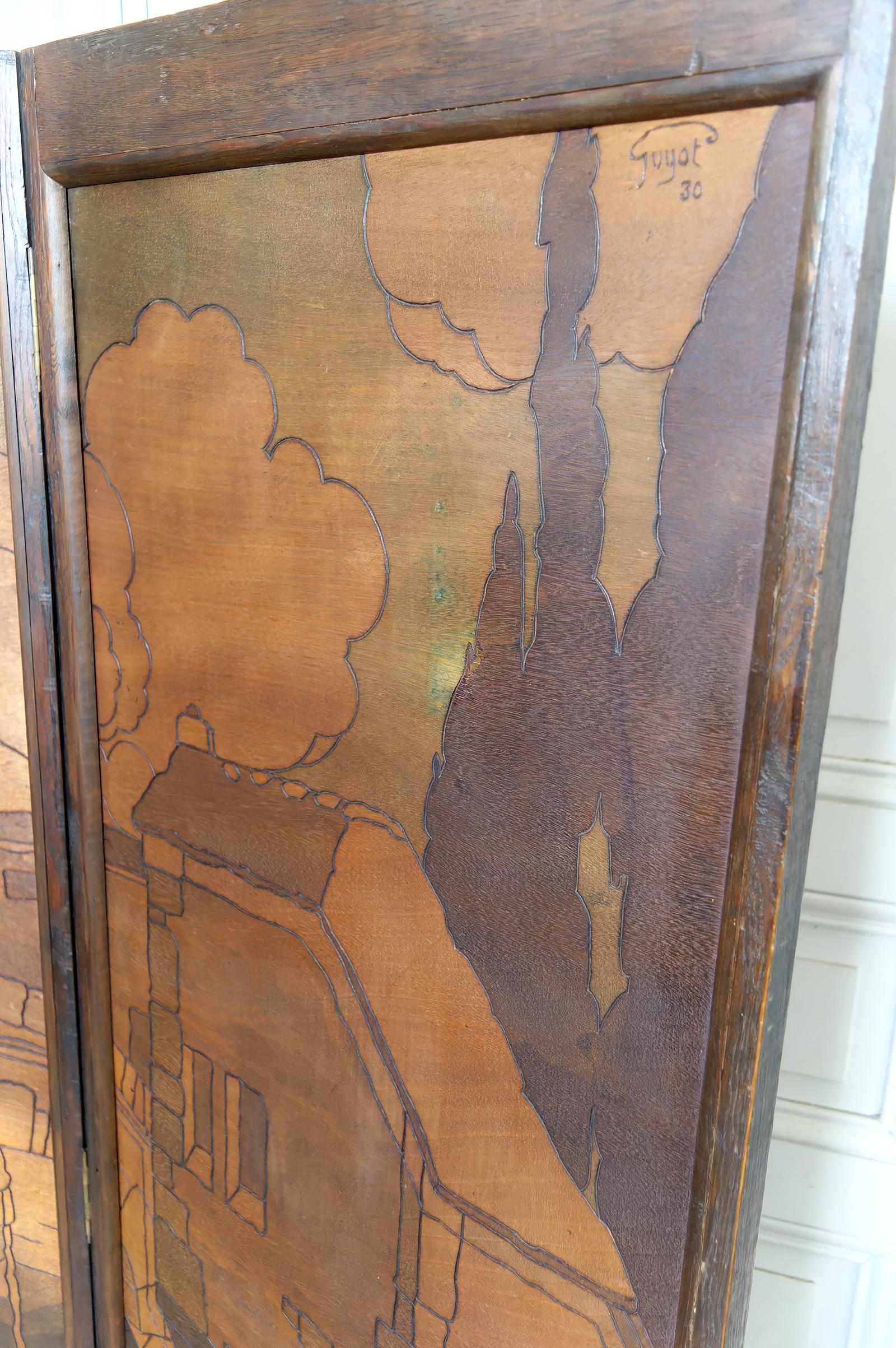 Écran pyrogravé - Paysage urbain méditerranéen médiéval, Art Nouveau / Art Déco en vente 9