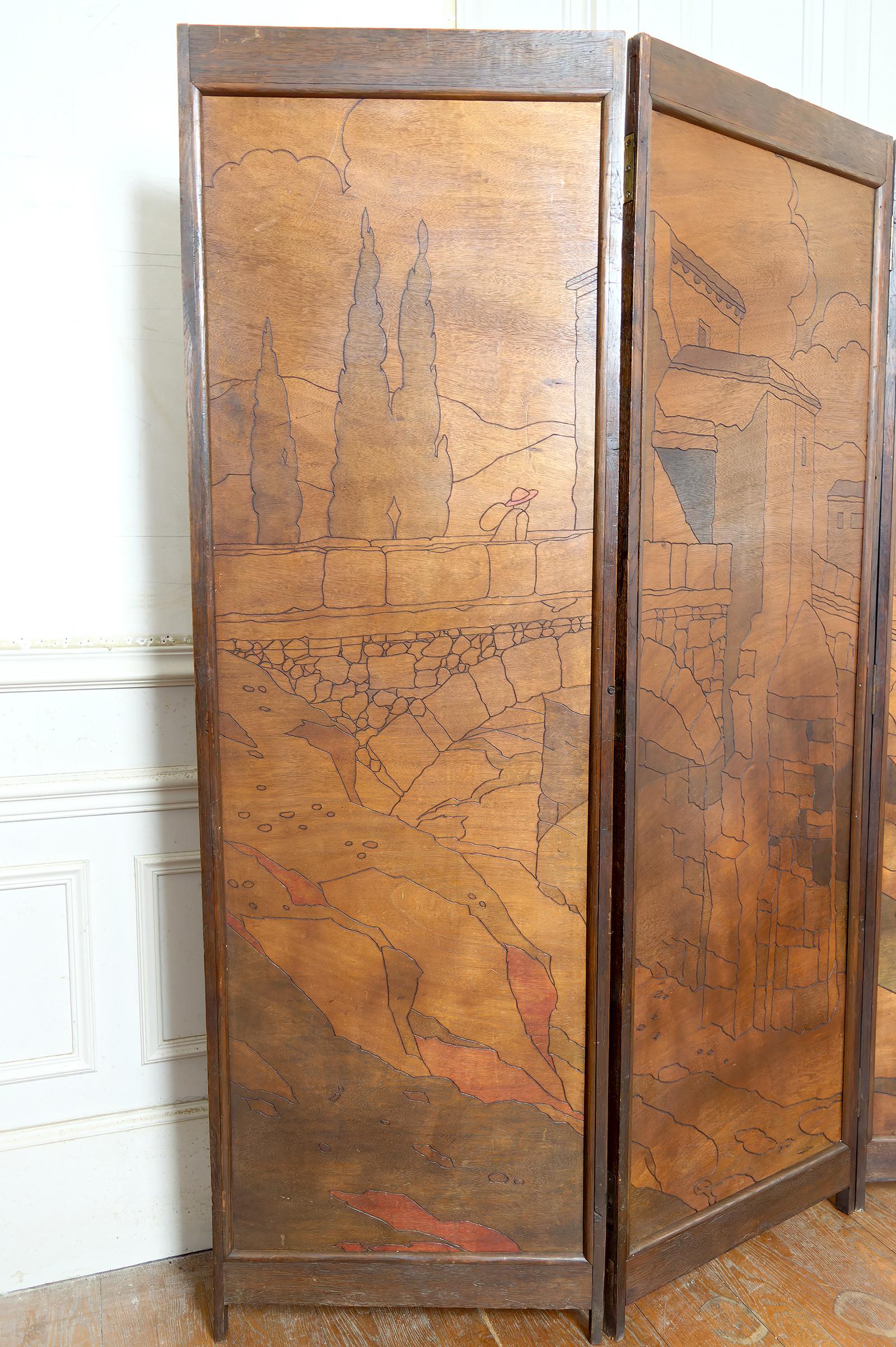 Art nouveau Écran pyrogravé - Paysage urbain méditerranéen médiéval, Art Nouveau / Art Déco en vente