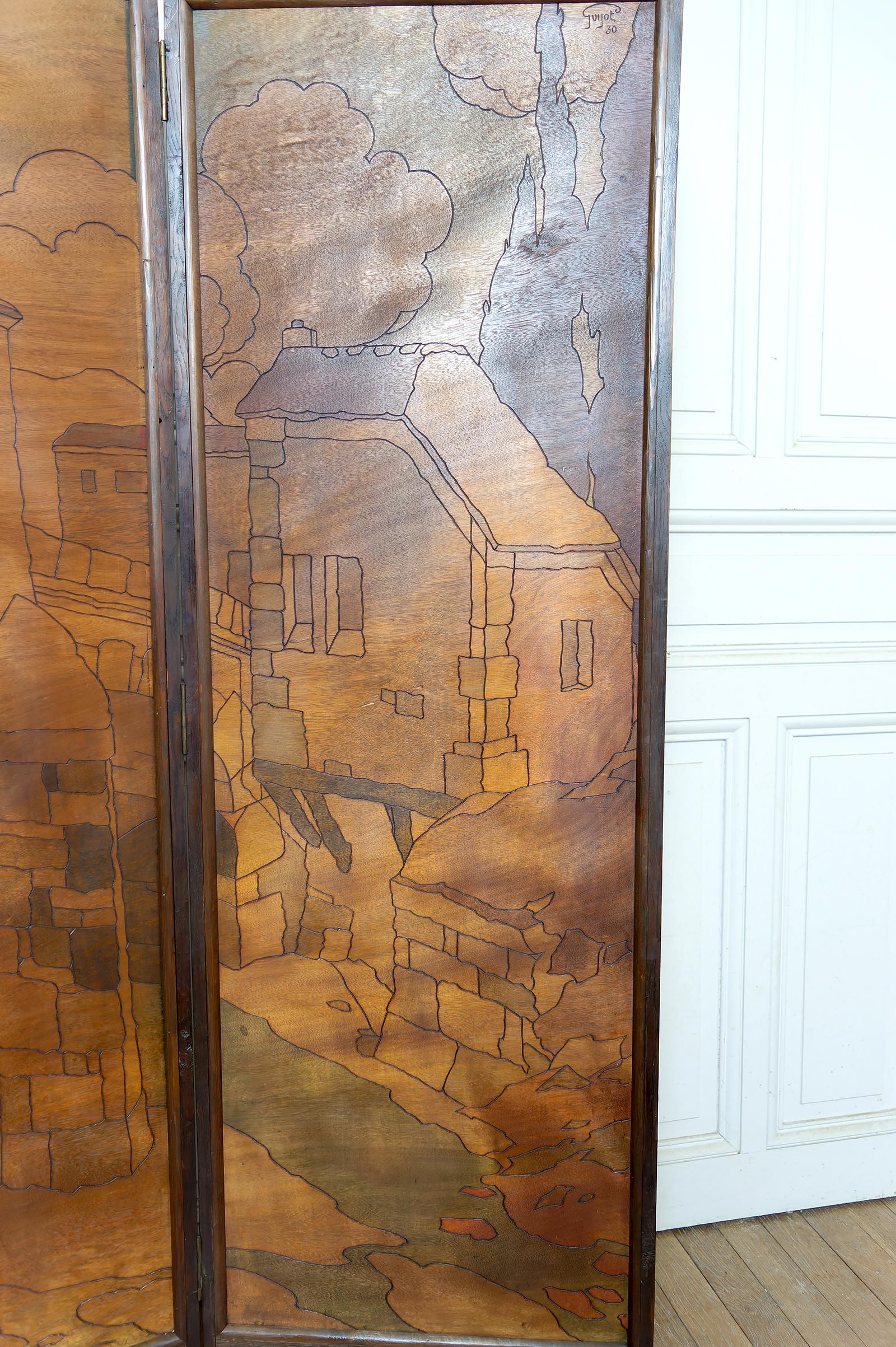 Bois Écran pyrogravé - Paysage urbain méditerranéen médiéval, Art Nouveau / Art Déco en vente