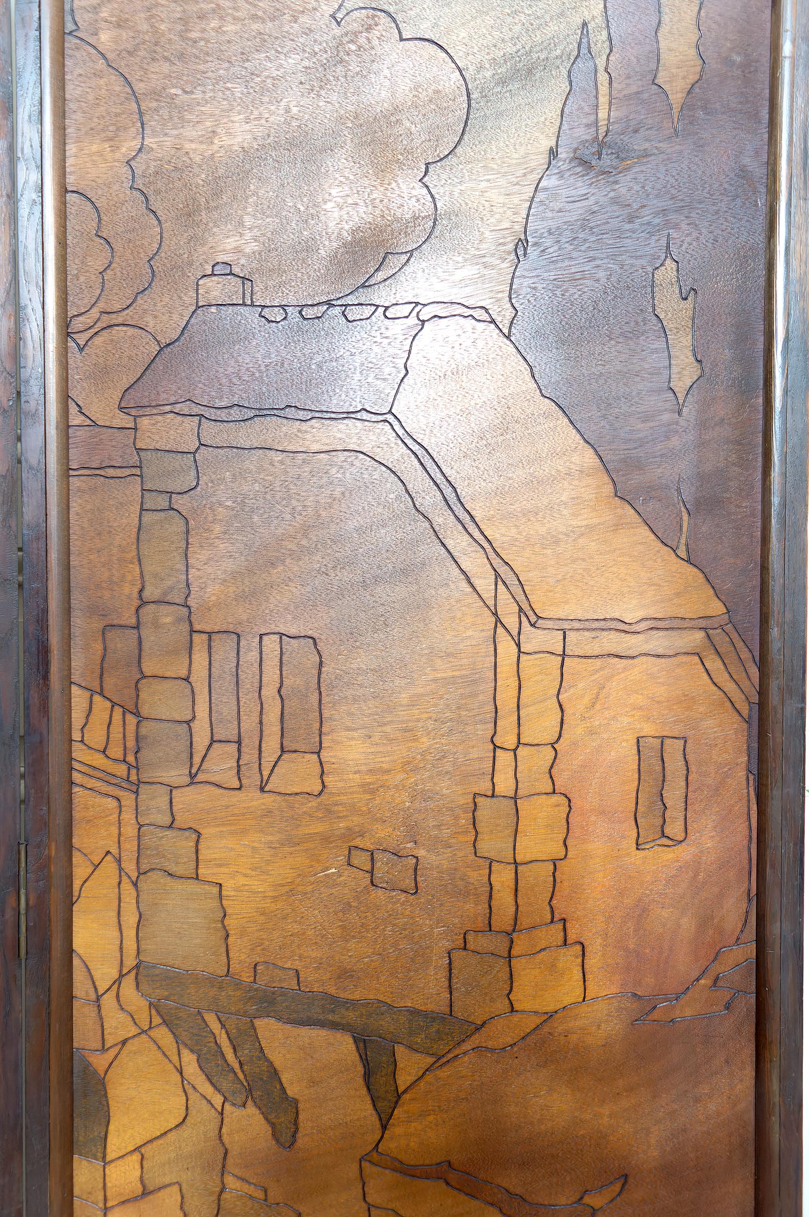 Écran pyrogravé - Paysage urbain méditerranéen médiéval, Art Nouveau / Art Déco en vente 1