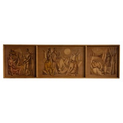 Pyrographic Wood Panel Triptych, Spain, circa 1950