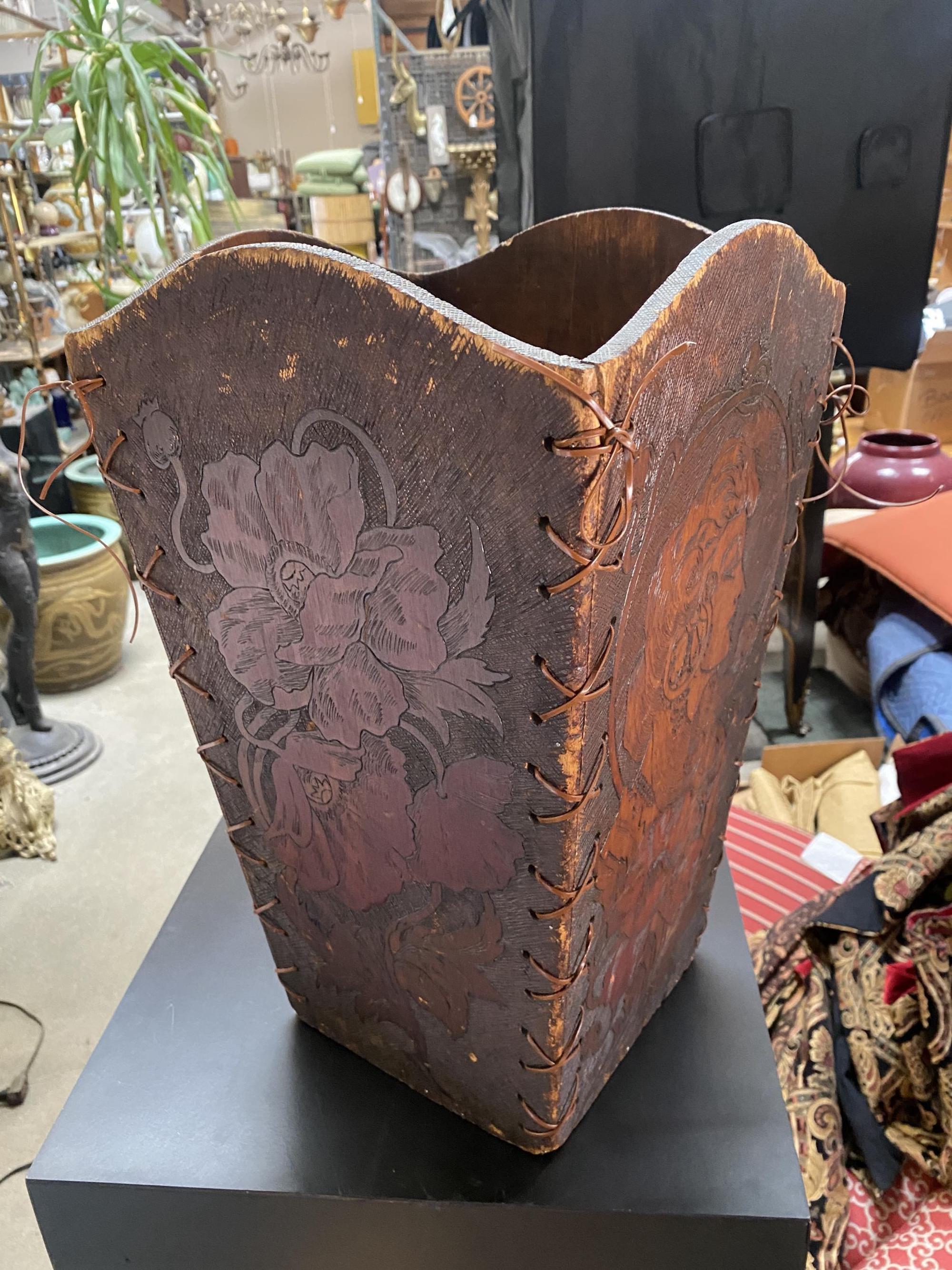 Pyrography Art Nouveau Portrait Burnt Wood Waste Basket In Excellent Condition In Van Nuys, CA