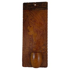 Pyrography Match Holder Native American Woman Primitive Burnt Wood