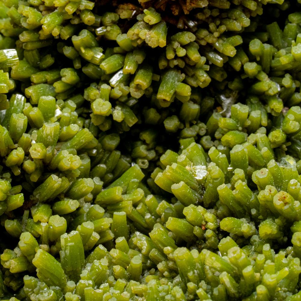 From Daoping Mine, Yangshuo, Guangxi, China

Large cluster of lustrous translucent grass-green pyromorphite crystals on brown gossan. The pyromorphite crystals are elongated hexagonal form, with flat basal pinacoid terminations, and are in tapered