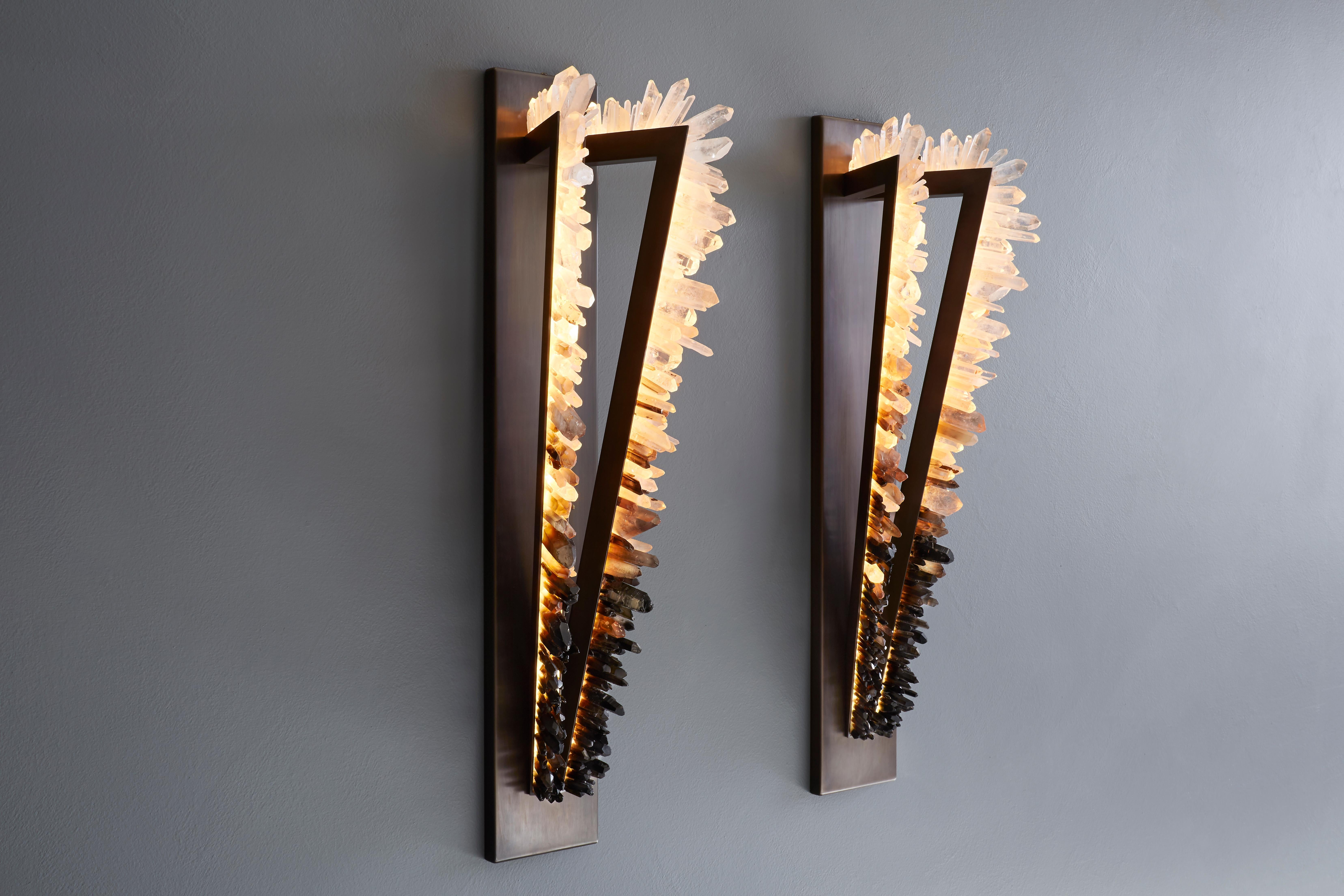 Pythagoras Quartz Twin Wall Lamp by Christopher Boots
Dimensions: D 17 x W 23 x H 60 cm.
Materials: Natural uncut quartz crystals, dark bronze.

Available in 60cm, 90cm, or 120cm height.
Available in single or twin versions.
Available in different