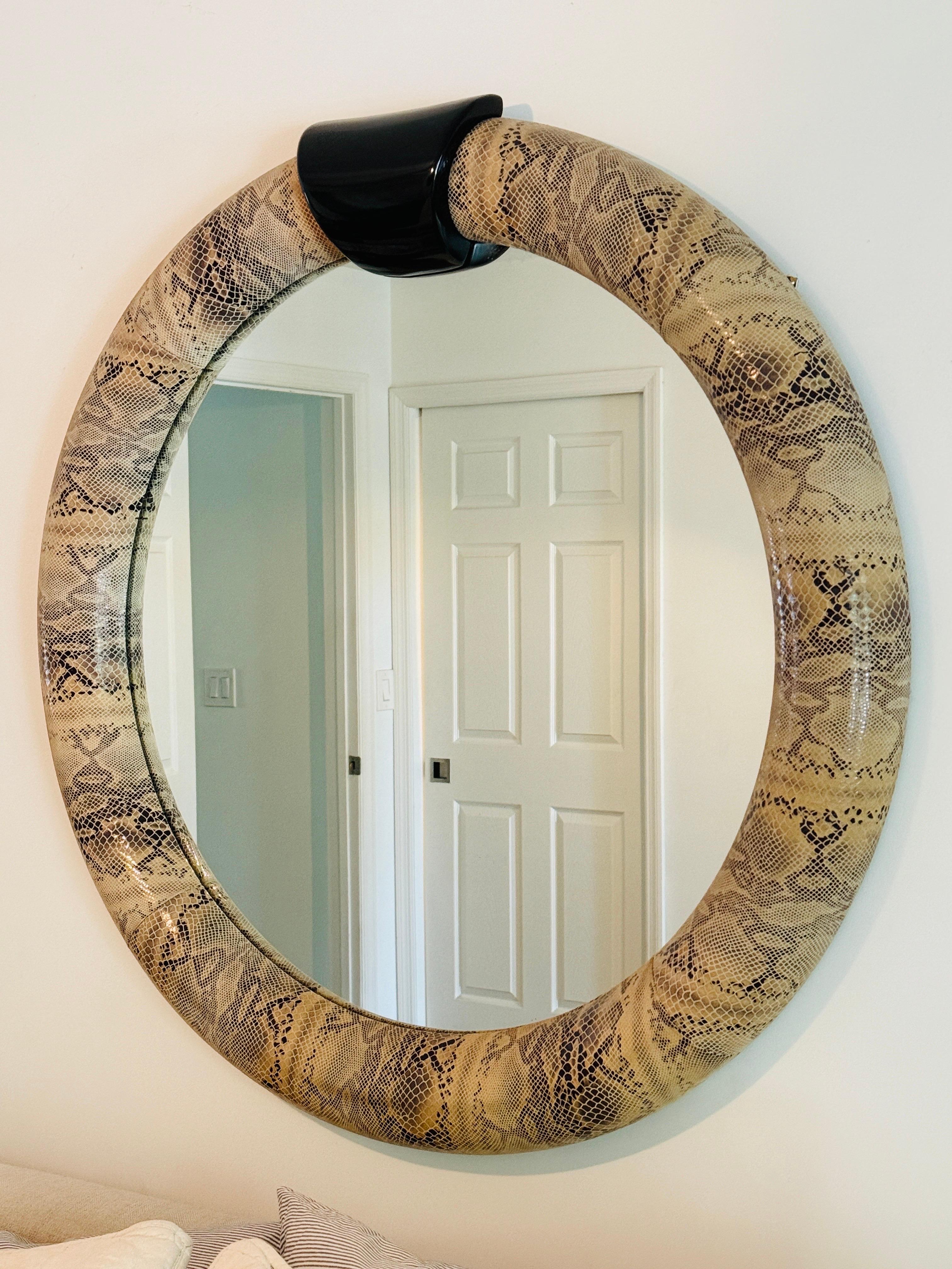 Ebonized Python Embossed Leather Mirror in the Style of Karl Springer, c. 1970's For Sale