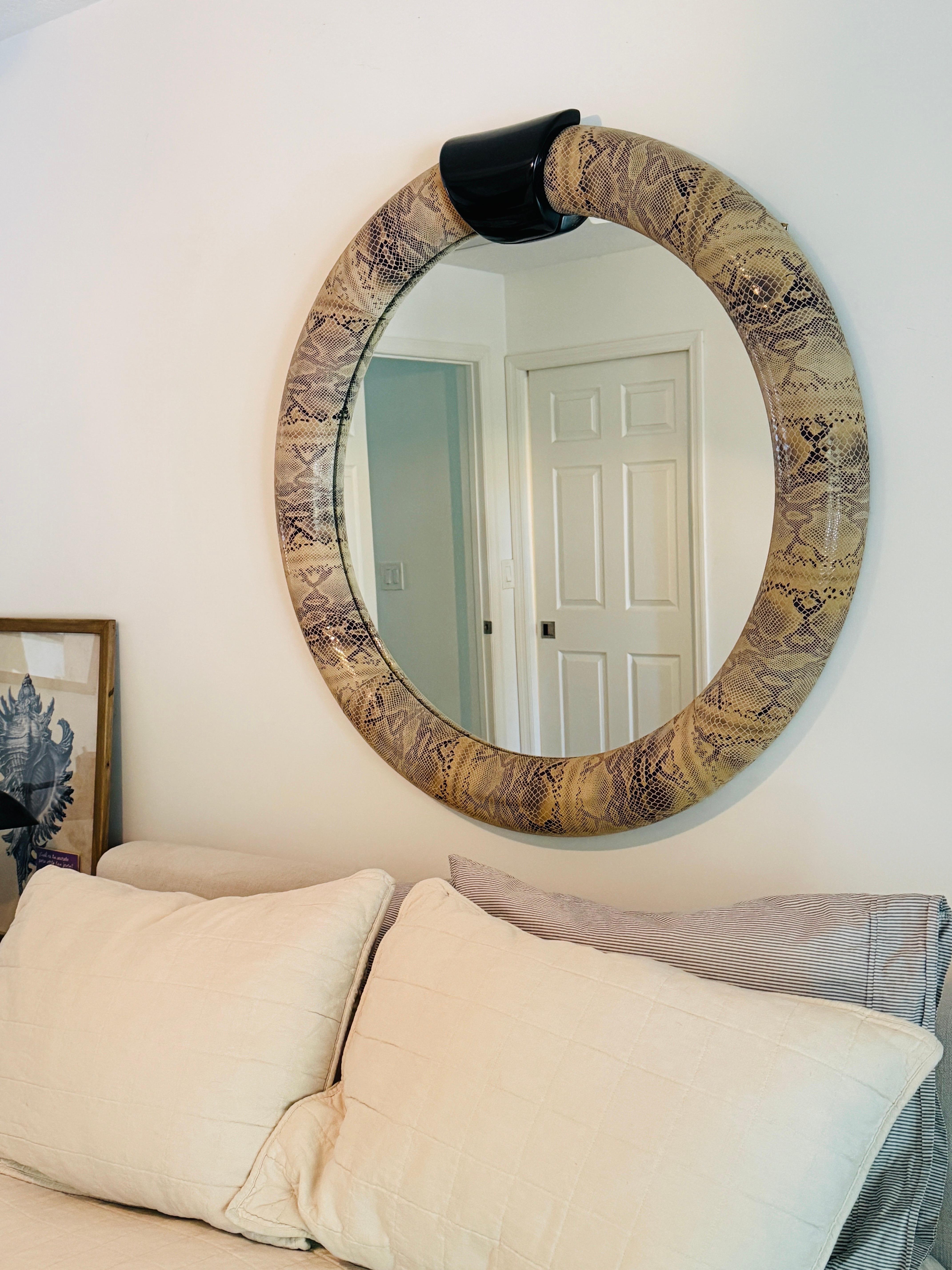 Python Embossed Leather Mirror in the Style of Karl Springer, c. 1970's In Excellent Condition For Sale In Fort Lauderdale, FL