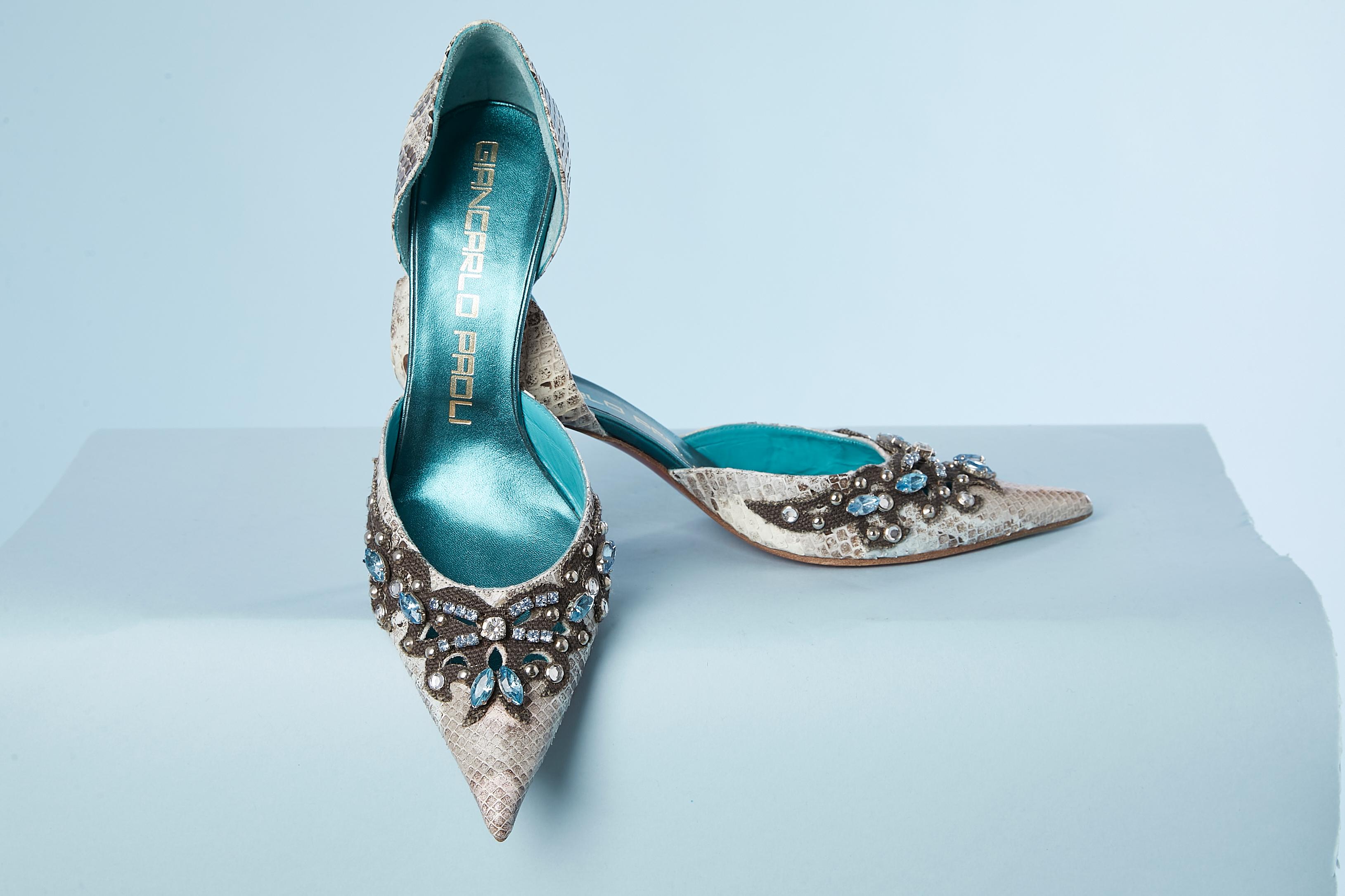 Gray Python, leather and rhinestone high-heels Giancarlo Paoli  For Sale