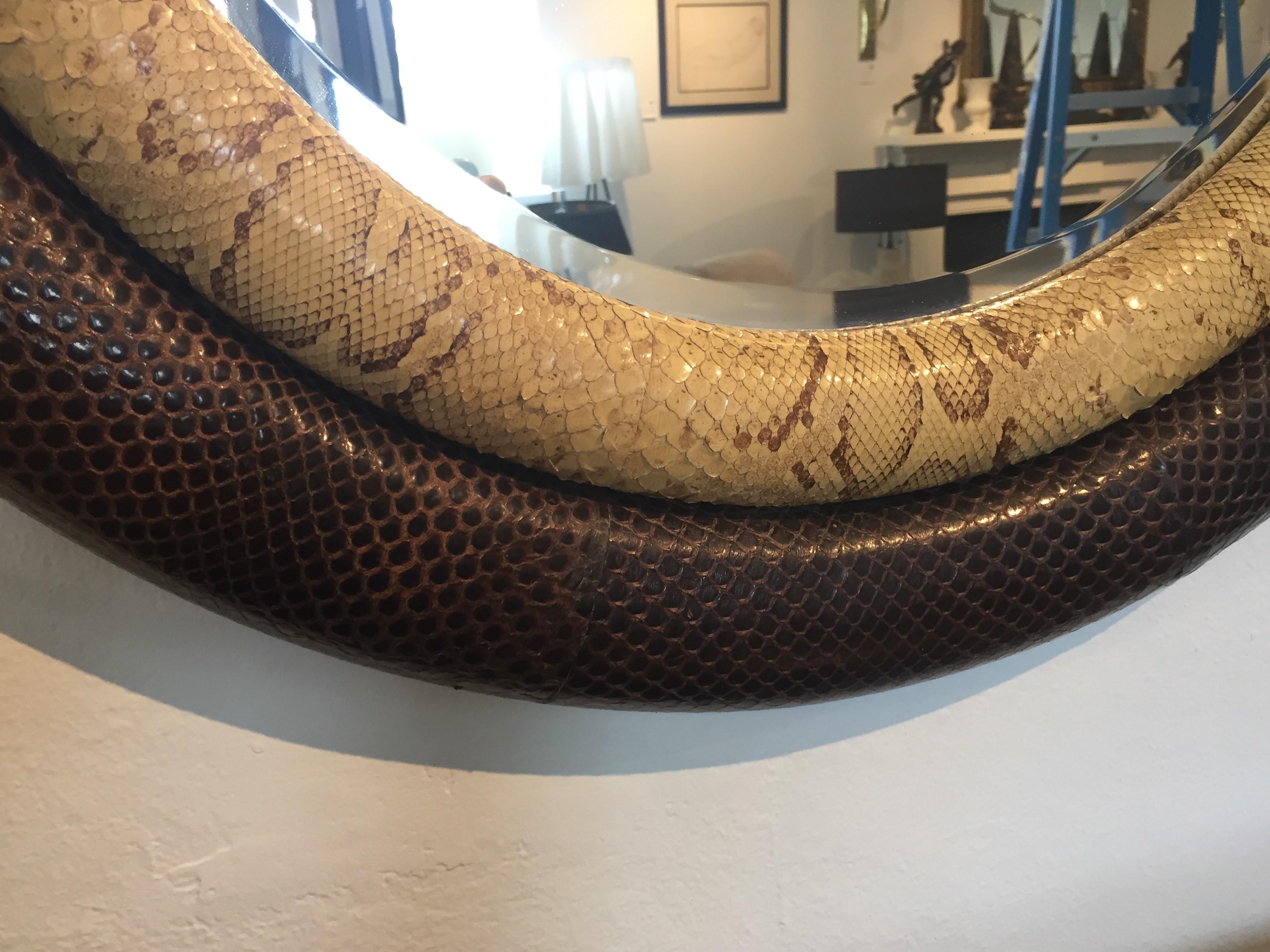Python mirror double bumper by Gene Jonson and Robert Marcius for Gun Agell from a Palm Beach estate.

Note: the last picture shows the mirror in a staged setting -- Only the mirror is for sale in this listing.