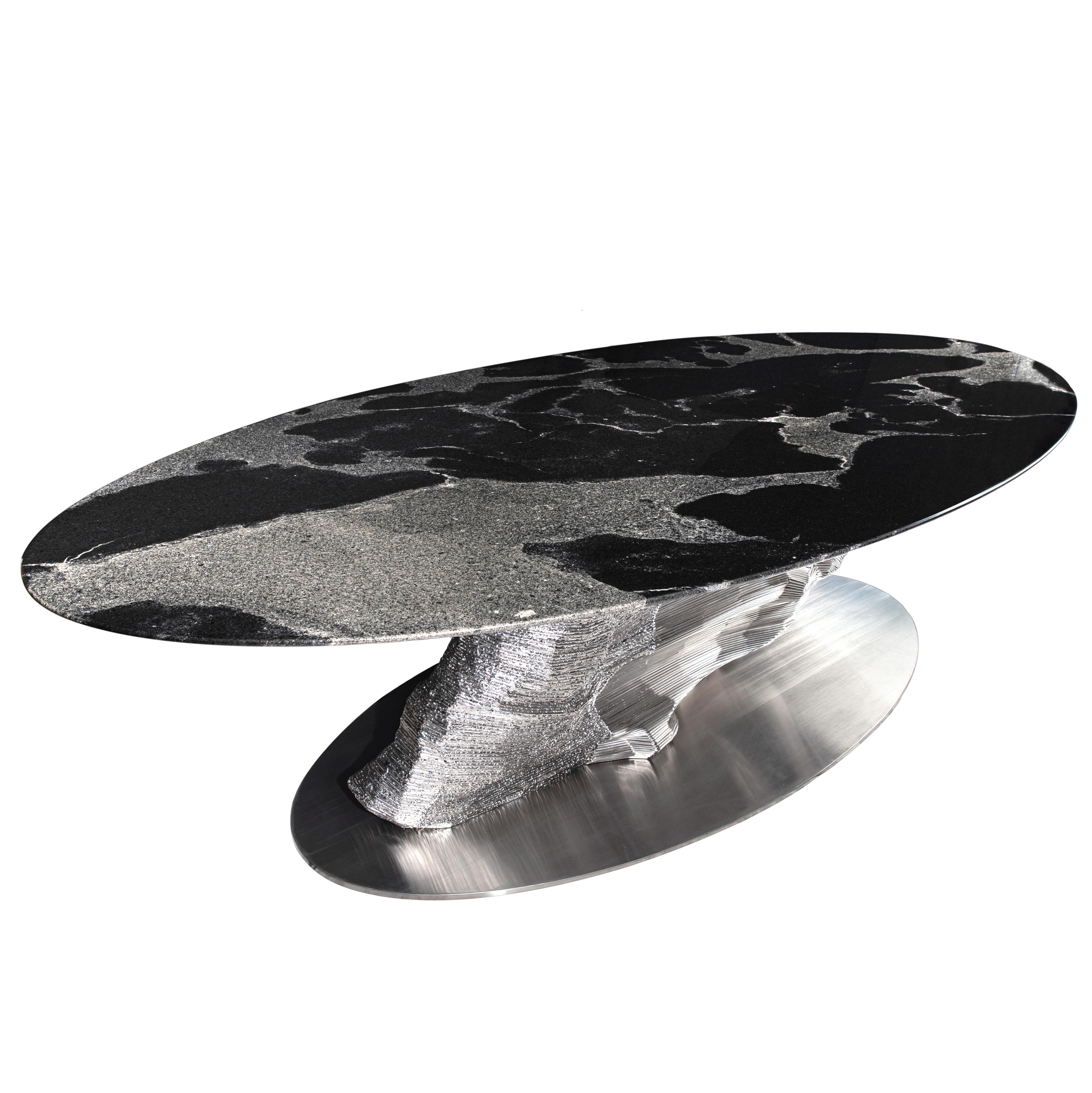“Meteorite” represent the research of an emotion, a narration of shapes and material that combines the complexity of marble with the strictness of steel. These marble meteors magnify the spaces. Colors and lines create shadows and movement like an