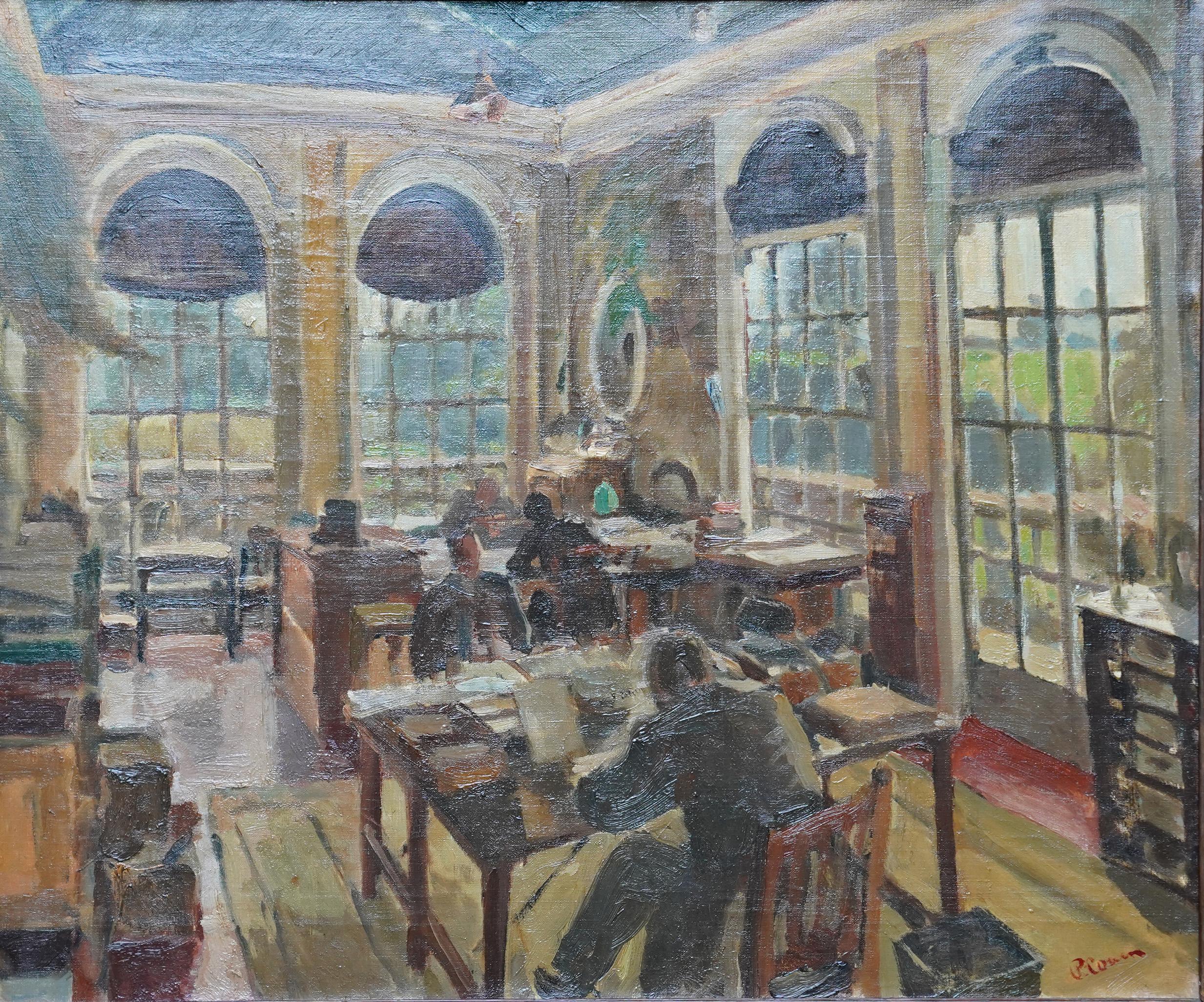 Office Interior - British 1920's Slade School Jewish art oil painting - Painting by Pyzer Cowen