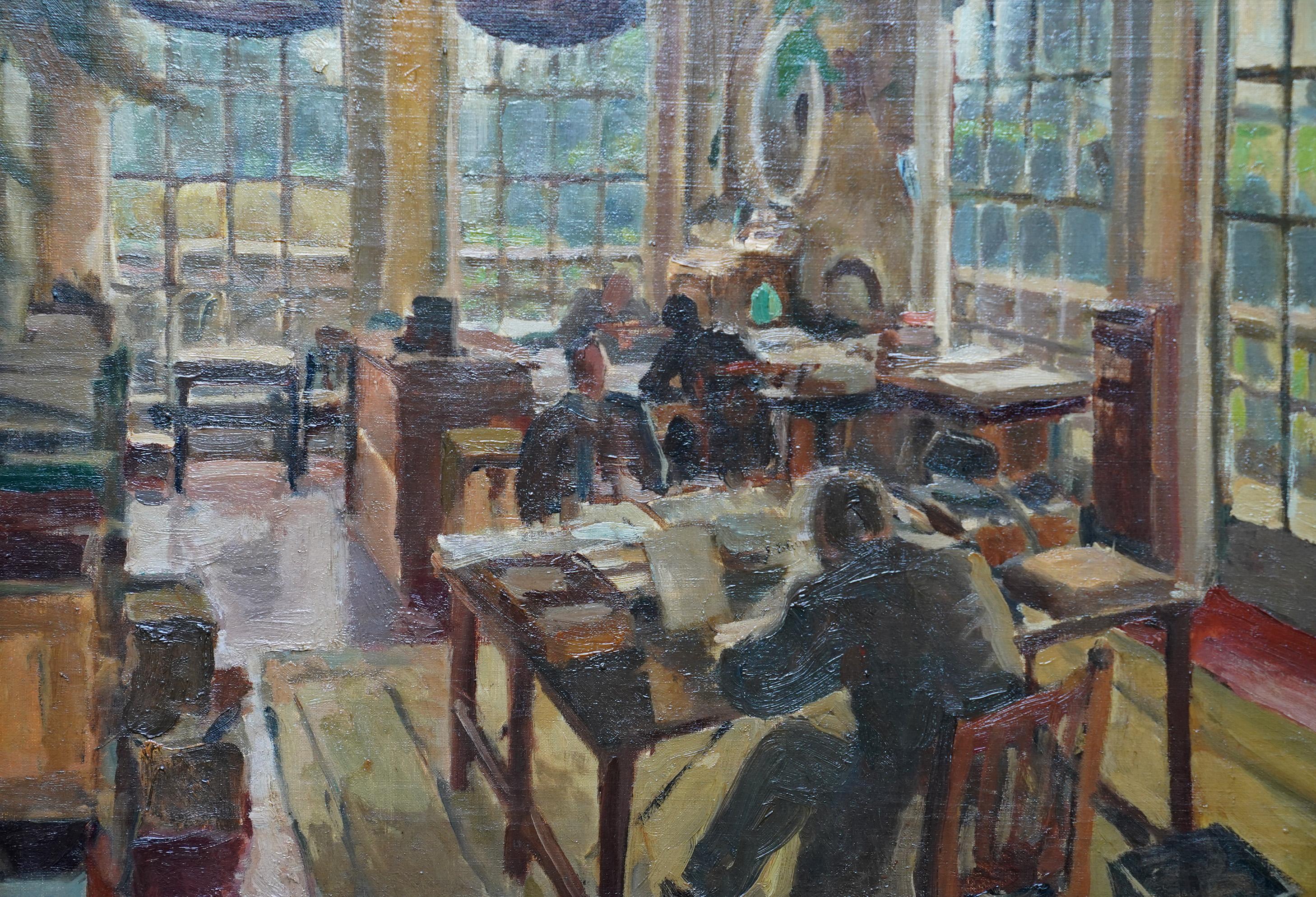 Office Interior - British 1920's Slade School Jewish art oil painting - Impressionist Painting by Pyzer Cowen