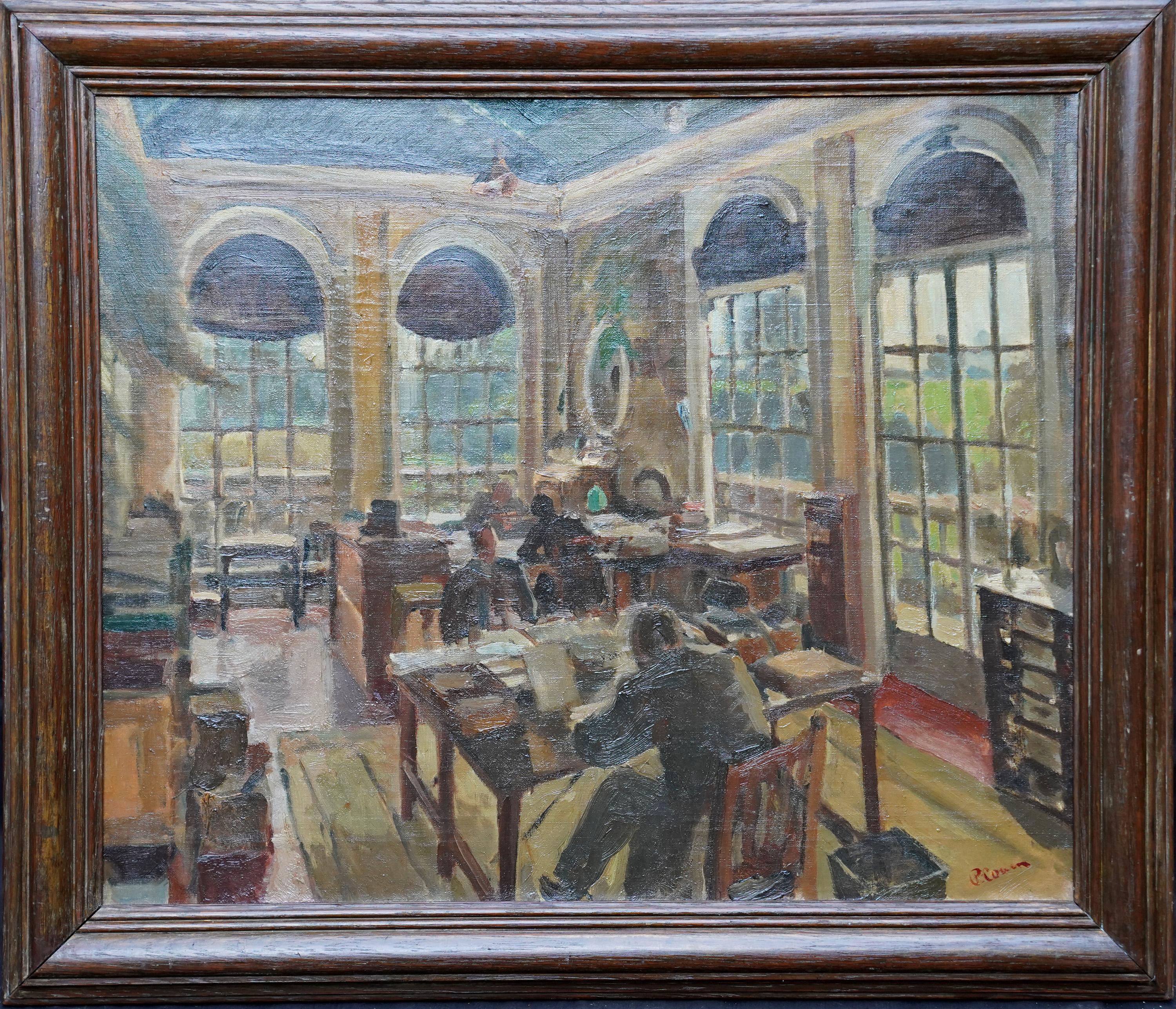 Pyzer Cowen Figurative Painting - Office Interior - British 1920's Slade School Jewish art oil painting