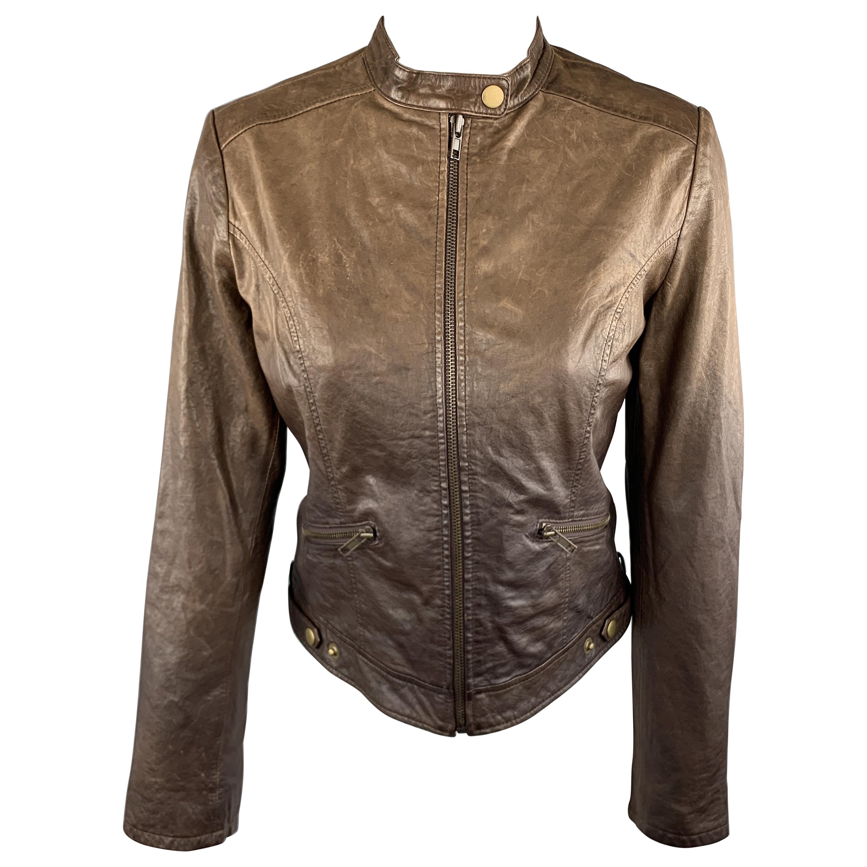 Q 40 Size S Brown Antique Effect Leather Biker Jacket at 1stDibs