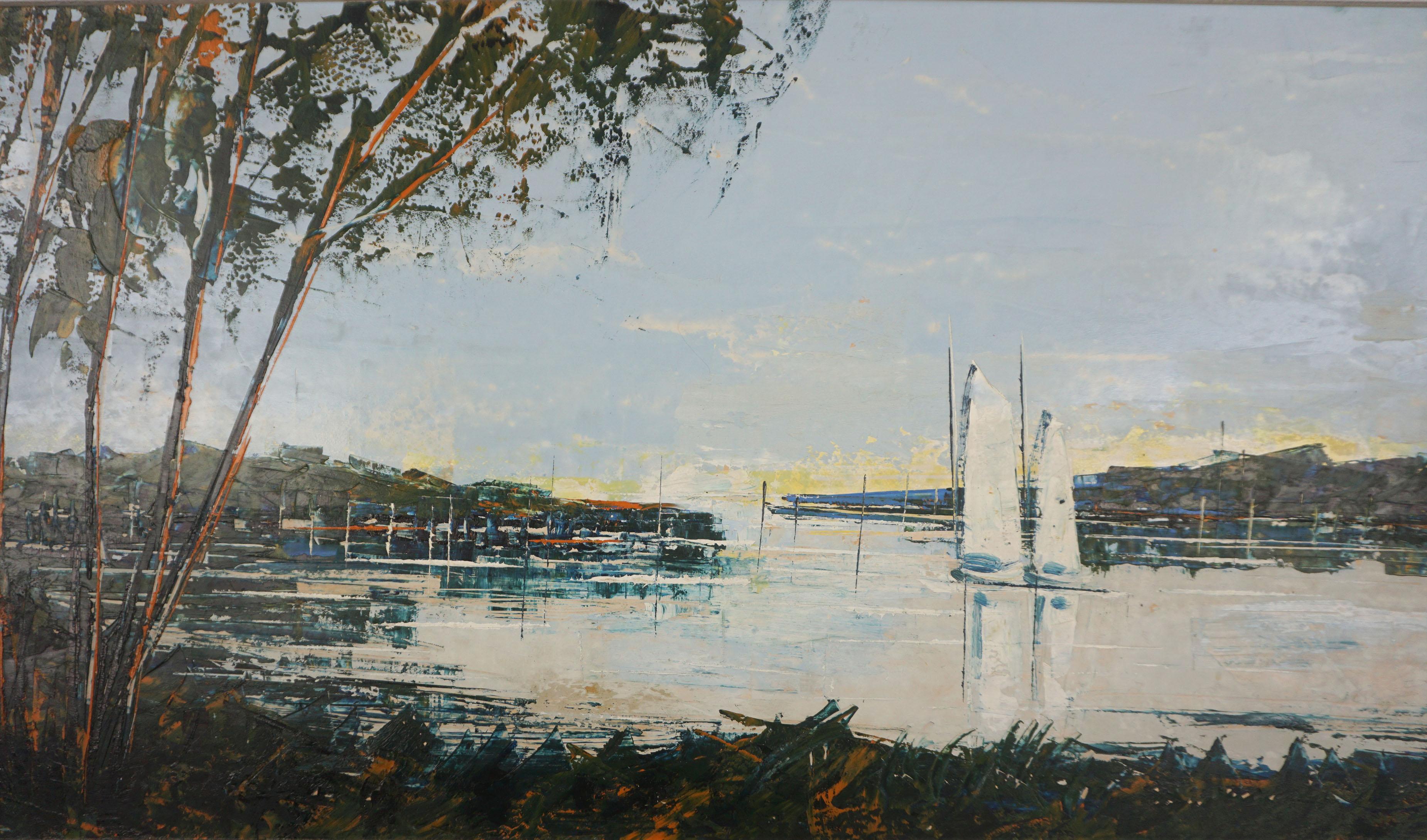 Late 20th Century Oil Painting of Chesapeake Bay with Sailing Boats by Q. B. Powell

Striking vintage palette-knife painting of a quiet Chesapeake Bay harbor by regional artist Q. B. Powell (20th Century). Slender shoreline trees frame calm