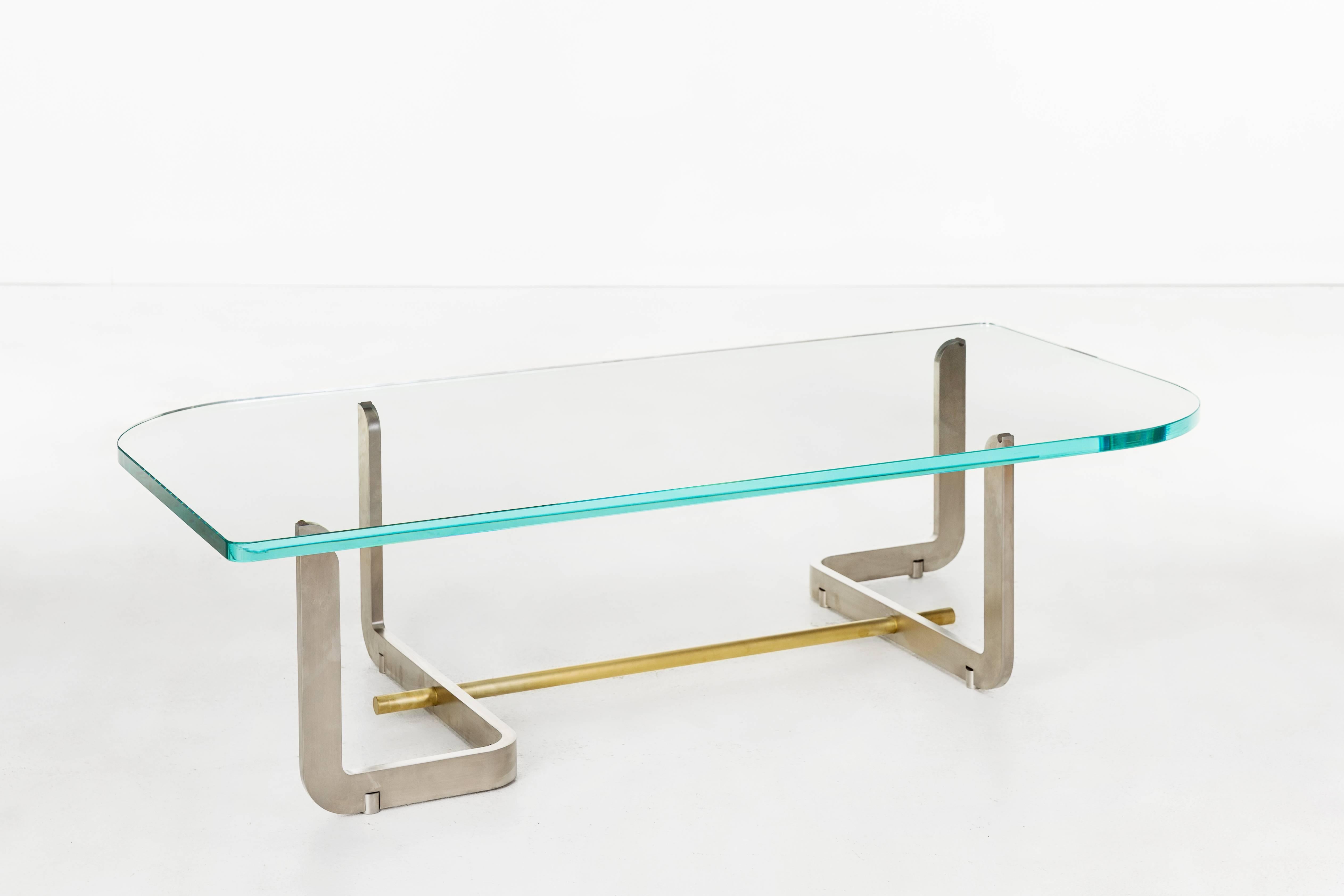 American Q Coffee Table, Glass and Steel For Sale