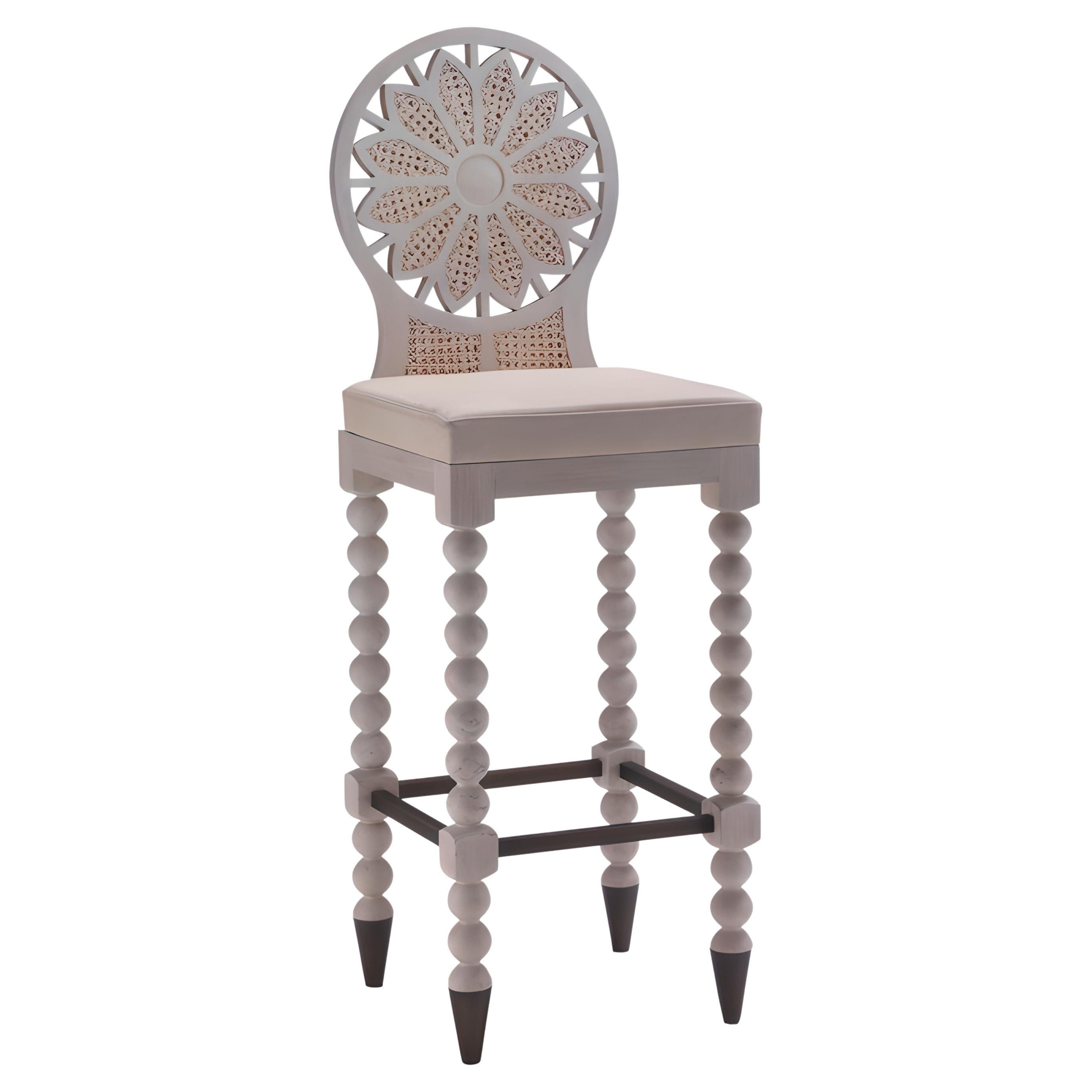 Q1 Bar Stool with Padded Seat and Caned Backrest - Solid Oak Structure For Sale