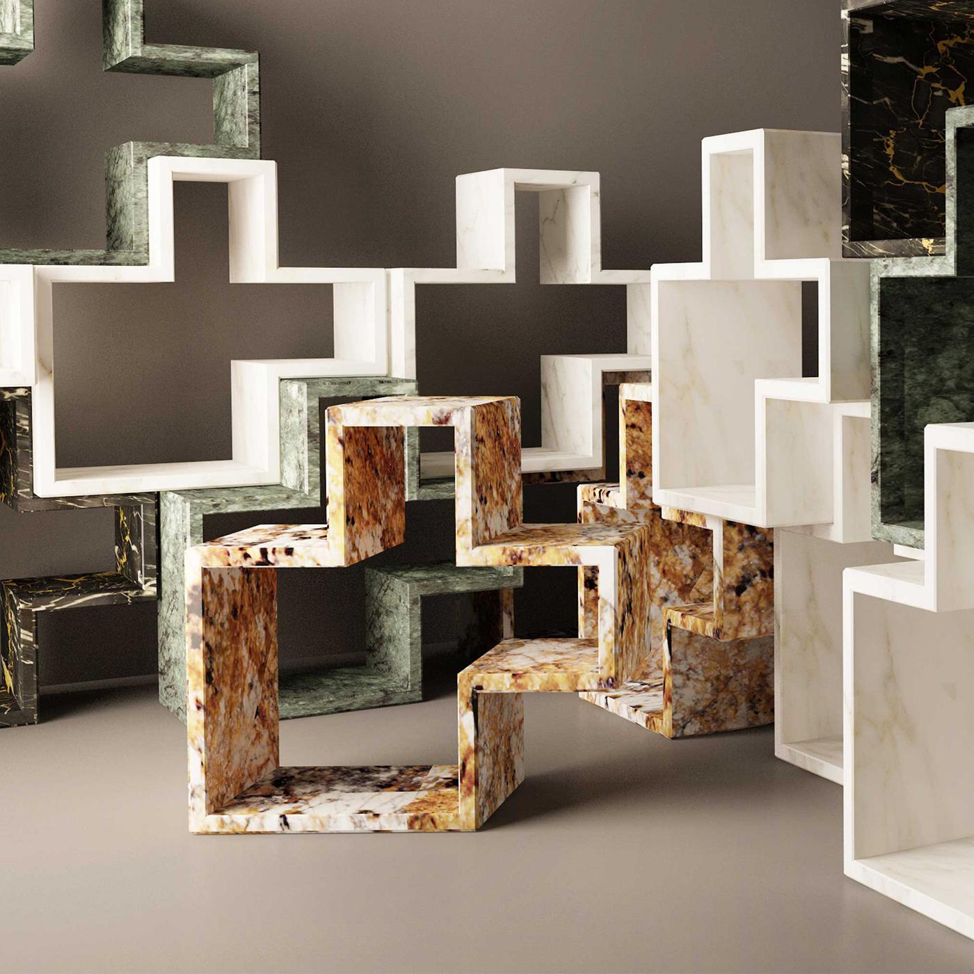Diverse functionality converges with an opulent yet contemporary aesthetic in this high-strength geometric structure designed by Studio Formart. Crafted from rare Paonazzo marble slabs in a range of rich natural grains from Carrara, this piece