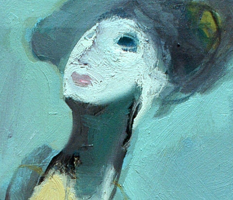 Femme flottant en bleu, peinture à l'huile sur toile - Expressionnisme abstrait Painting par QAIS ALSINDY