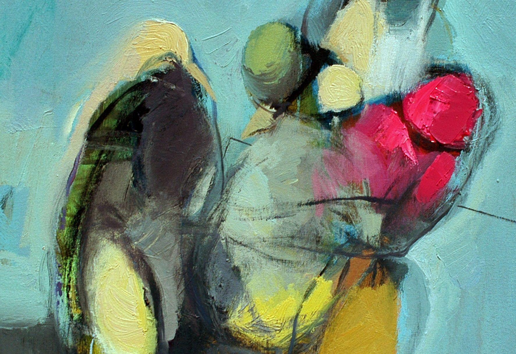 Femme flottant en bleu, peinture à l'huile sur toile 1