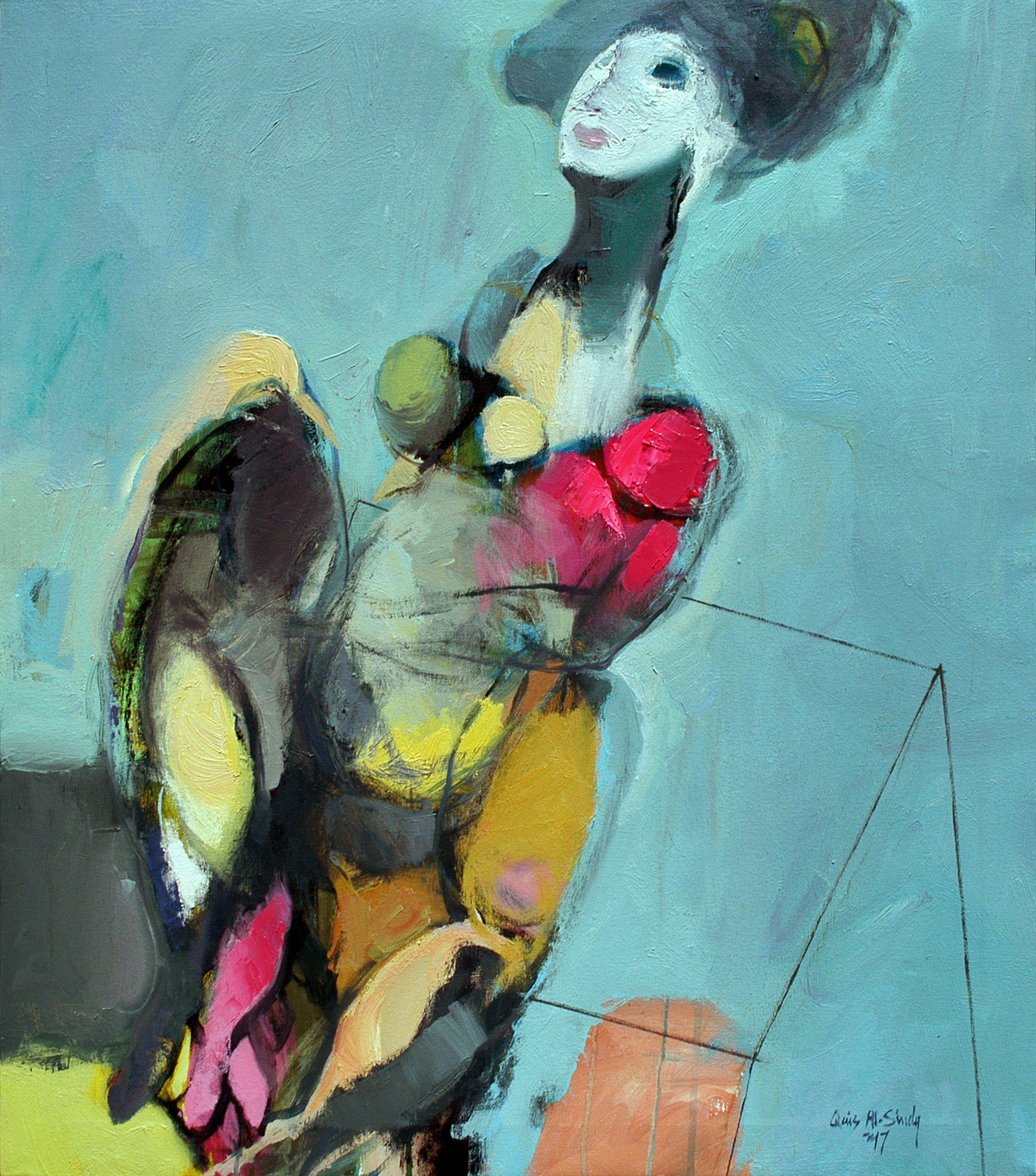 Femme flottant en bleu, peinture à l
huile sur toile - Painting de QAIS ALSINDY
