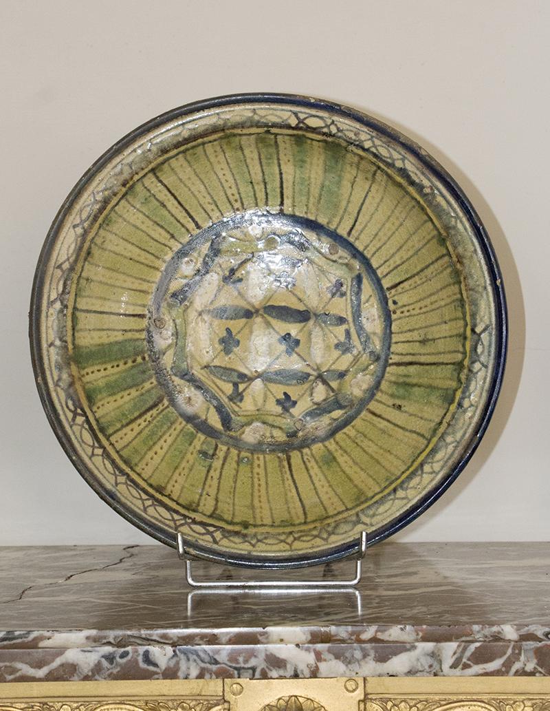 Persian Qajar Art, Ceramic Plate Green and Blue, circa 1900