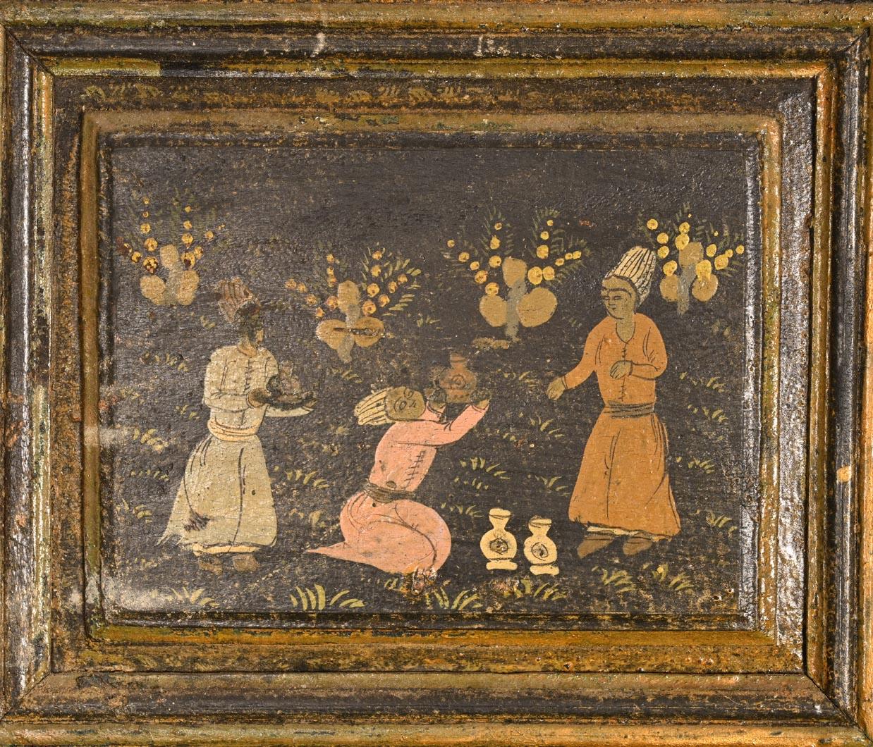 
Diese prächtigen lackierten Türen aus Holz und Pappmaché wurden gegen Ende des 19. Jahrhunderts in Persien hergestellt. Die Kunst der Qadscharen erlebte ihre Blütezeit zwischen 1786 und 1925, einer relativ stabilen Periode im Land, die vor allem