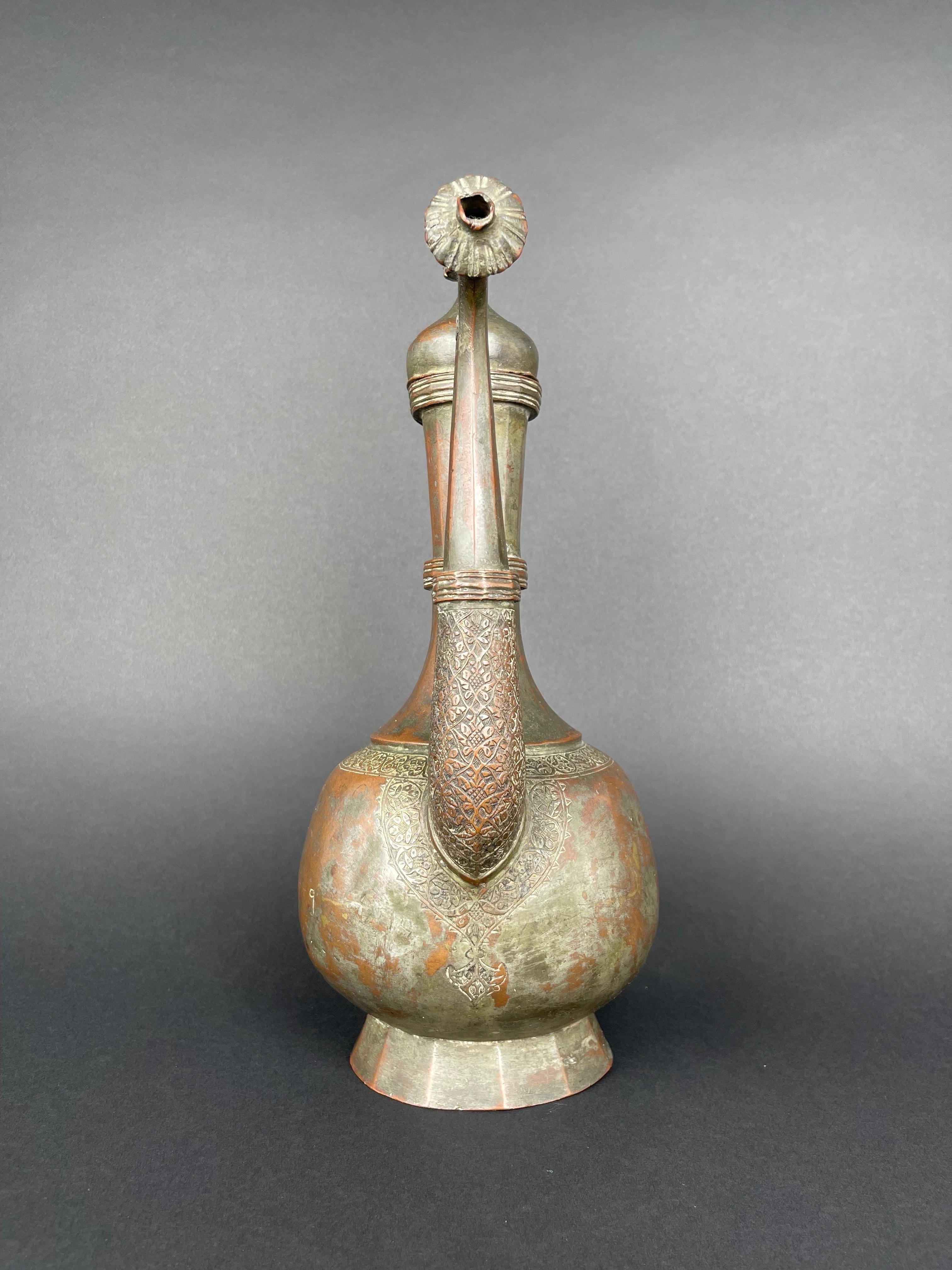 Cast Qajar Dynasty Tinned Copper Hand Hammered Chiseled Ewer, Iran, 19th Century  For Sale