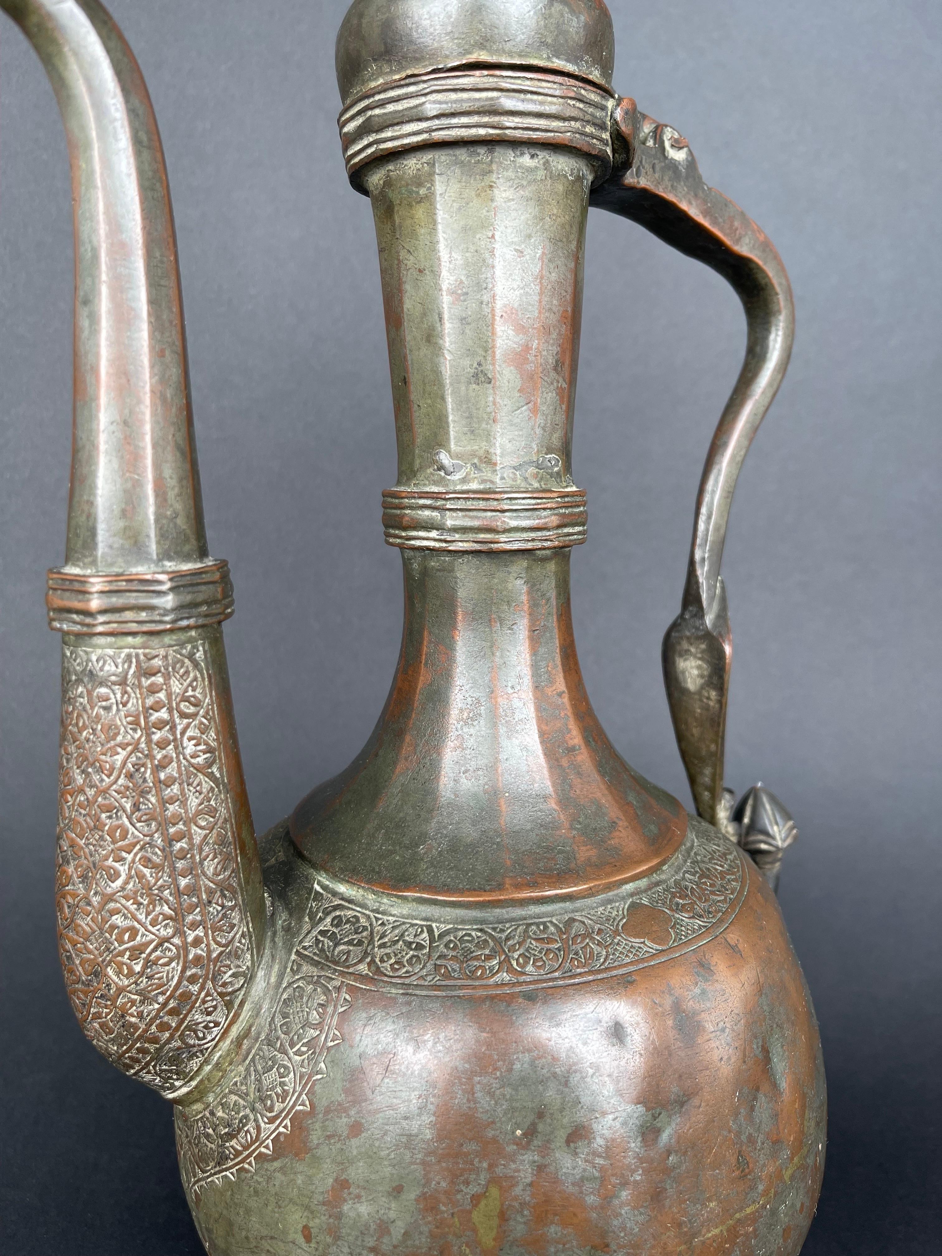 Qajar Dynasty Tinned Copper Hand Hammered Chiseled Ewer, Iran, 19th Century  In Good Condition For Sale In Pasadena, CA
