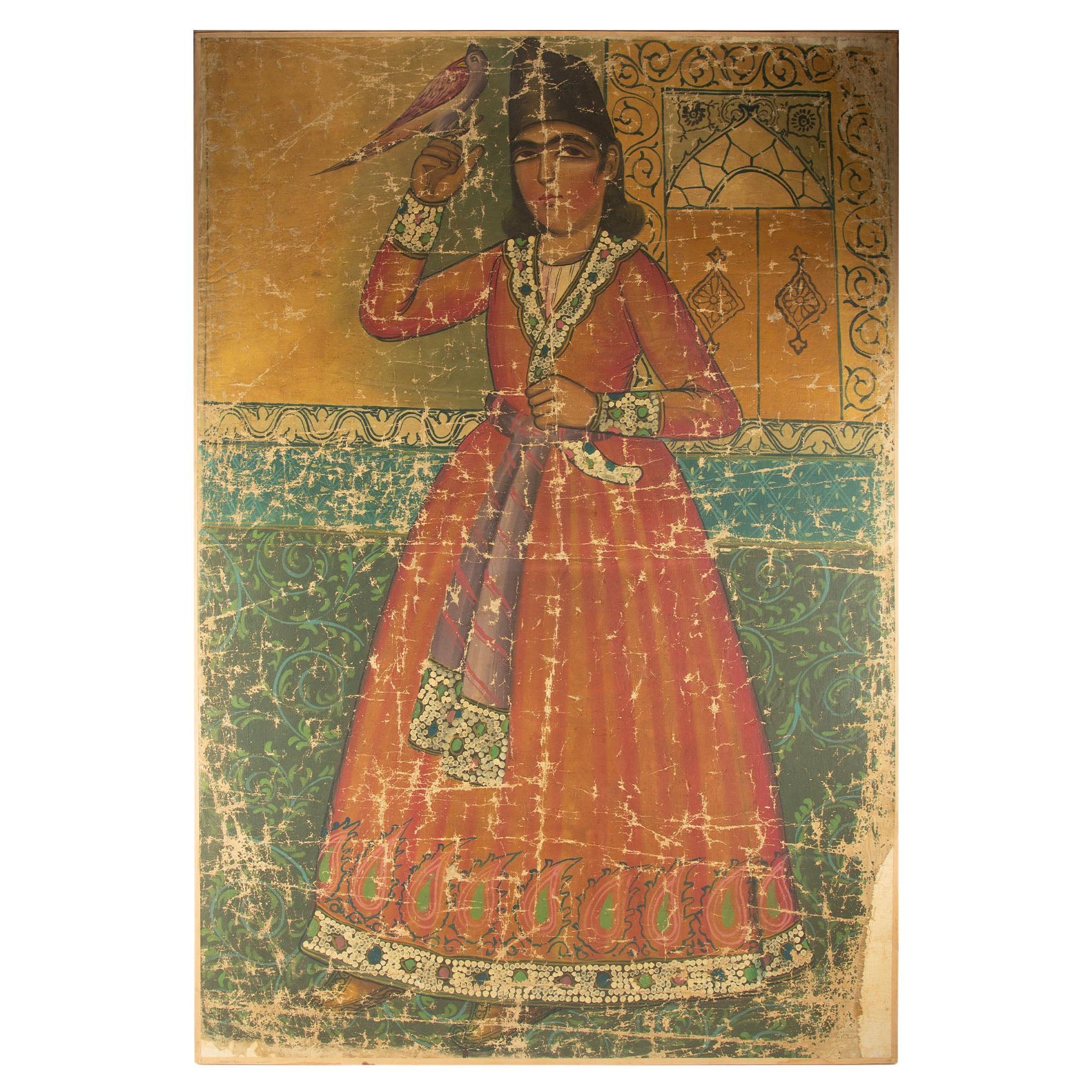 Qajar-Schule Ölgemälde eines Mannes mit Vogel, Iran, Anfang 20.
