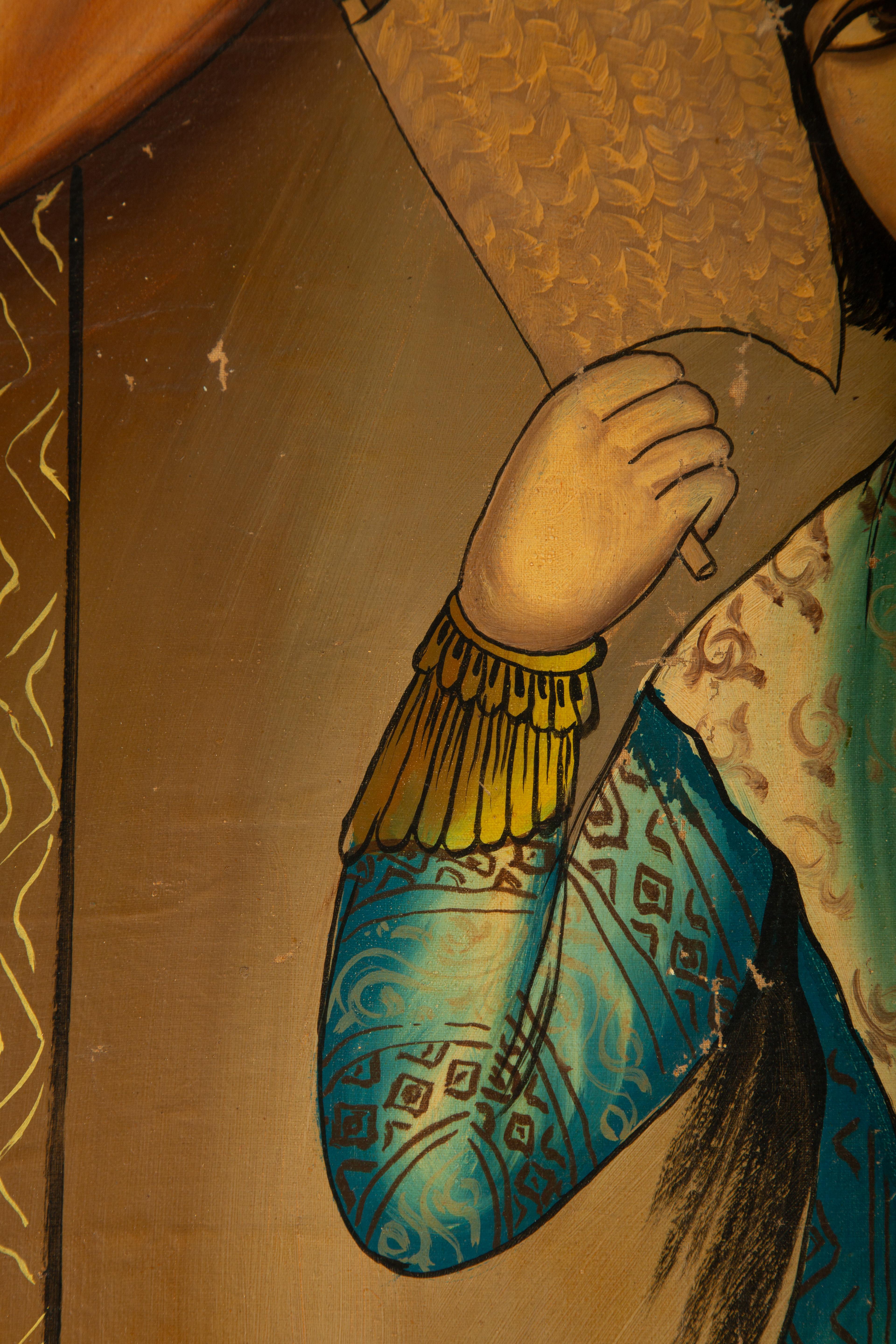 Qajar-Schule Porträt einer Frau mit Fächer, Iran, Anfang 20. (Leinwand) im Angebot