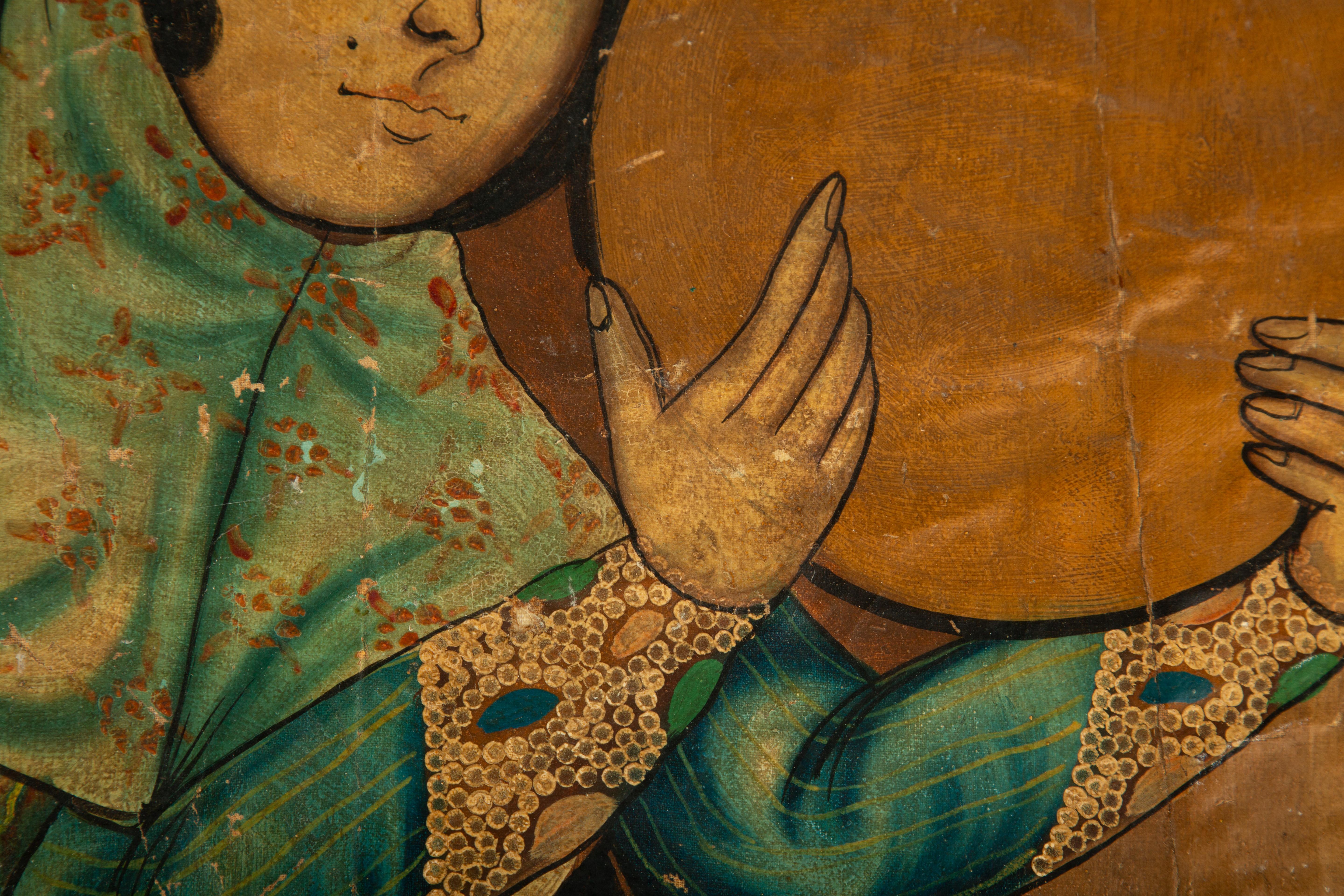 Qajar-Schule Porträt einer Frau mit Tamburin, Iran, Anfang 20. (Persisch) im Angebot