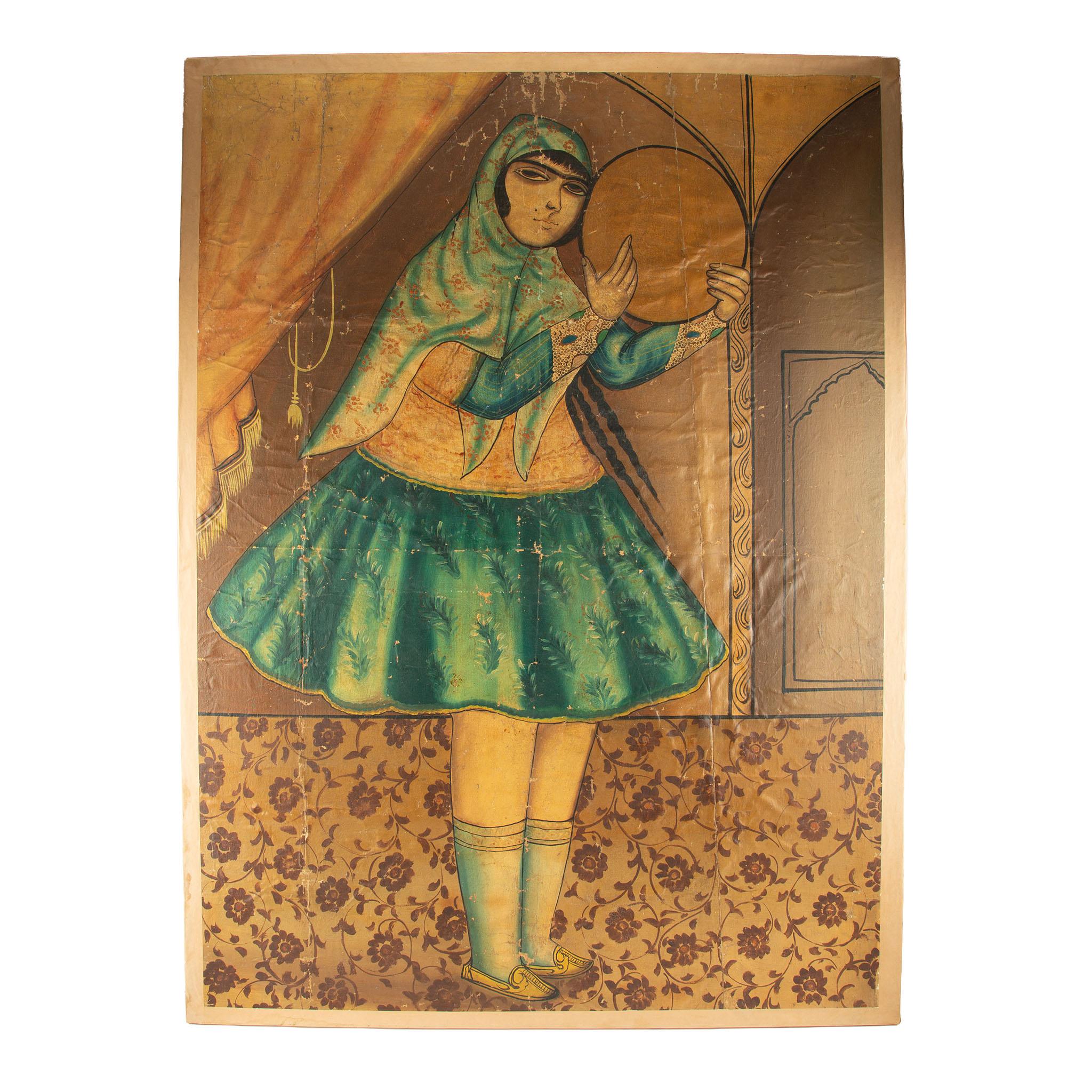 Qajar-Schule Porträt einer Frau mit Tamburin, Iran, Anfang 20. im Angebot 2